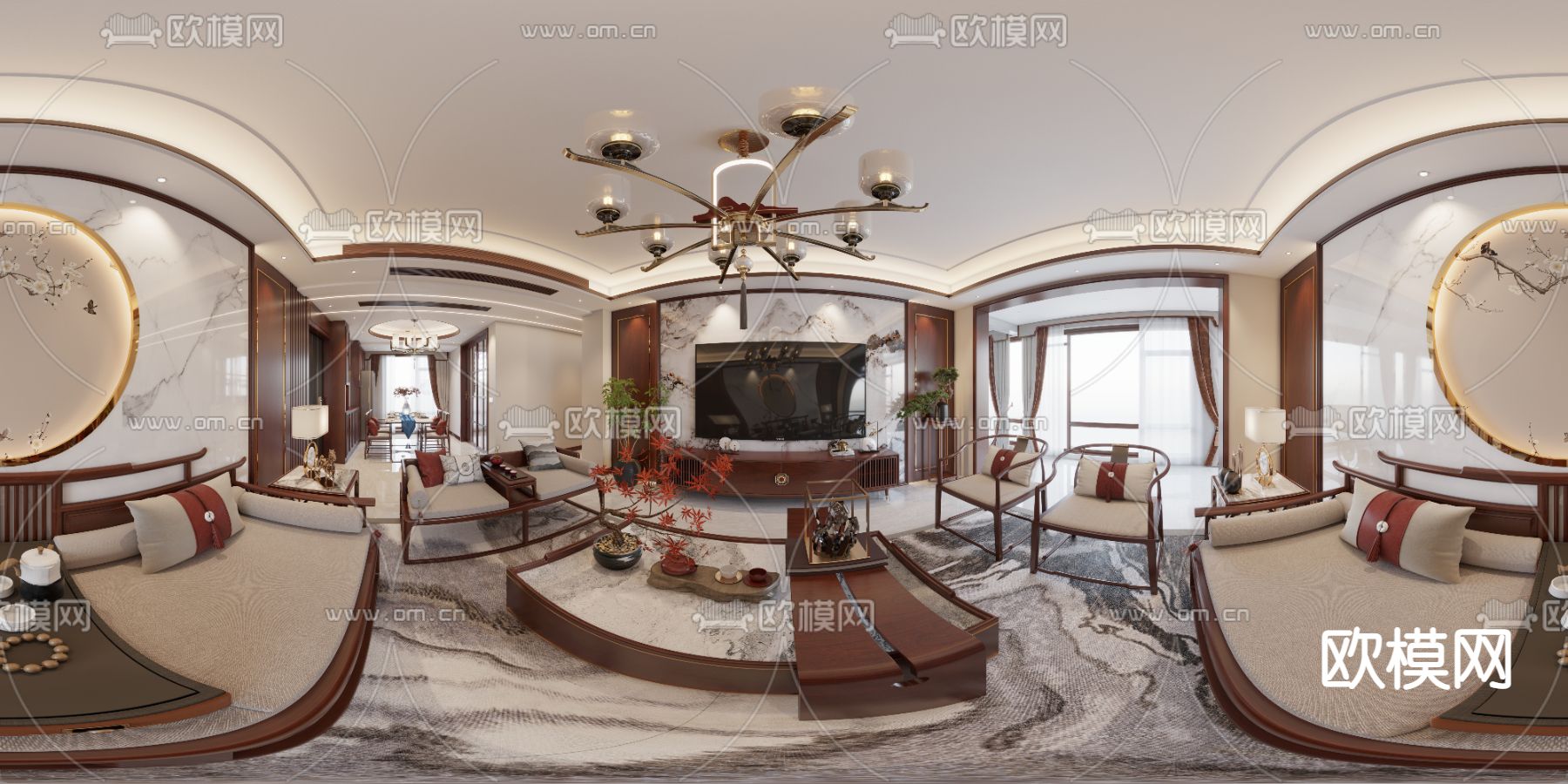 新中式客厅 餐厅CR全景3d模型