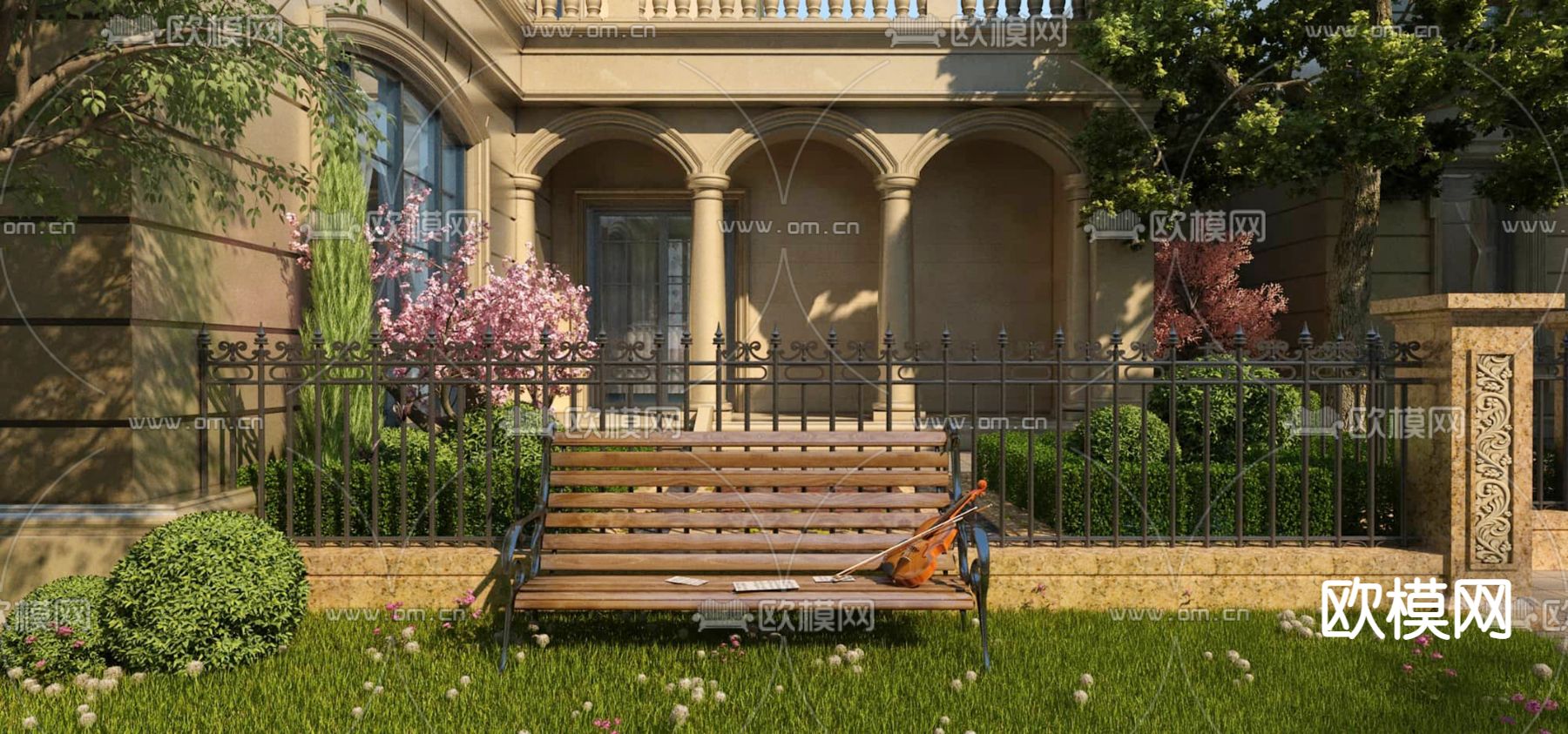 欧式园林景观 座椅 树球 草地3d模型下载