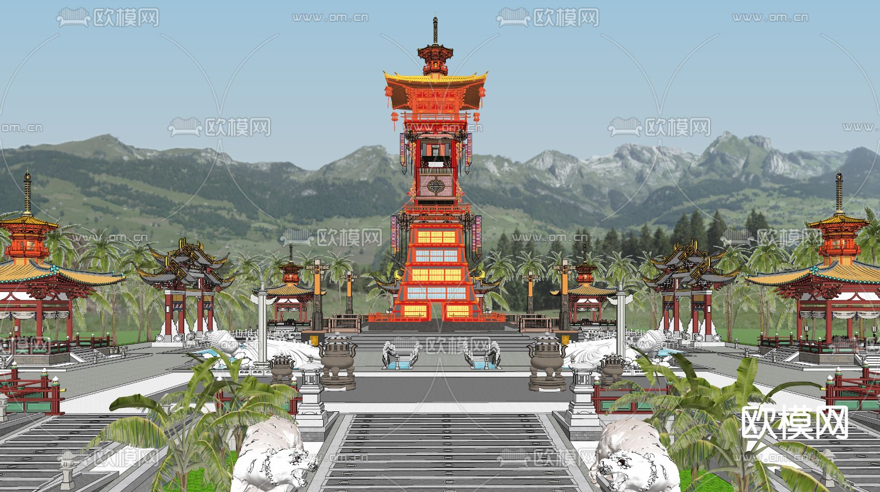 中式古建筑 景观塔楼su模型下载（渲染图5）