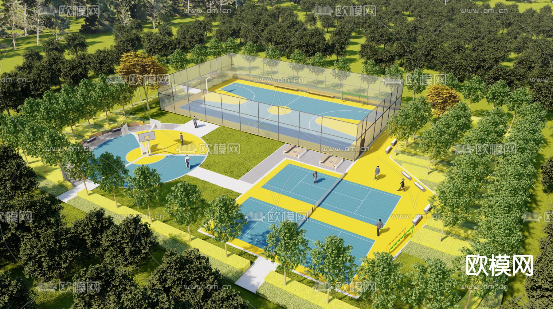 现代运动场 篮球场 羽毛球场su模型下载（渲染图1）