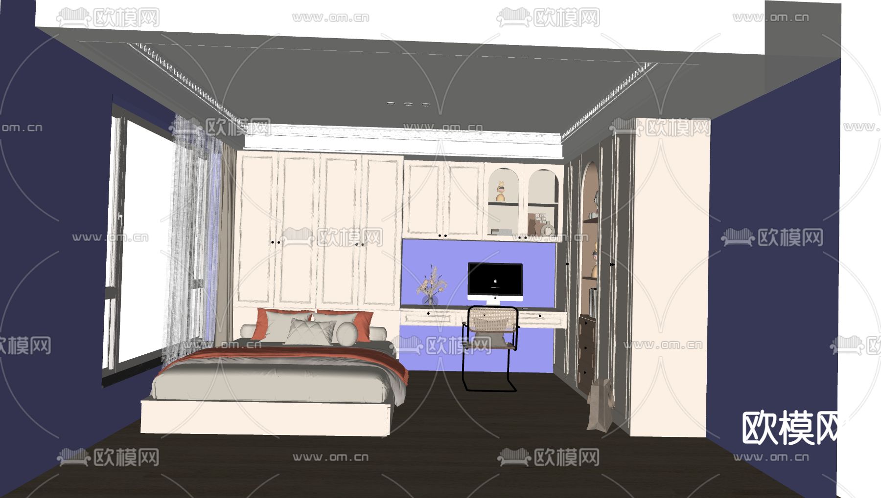 奶油风榻榻米卧室su模型下载（渲染图2）