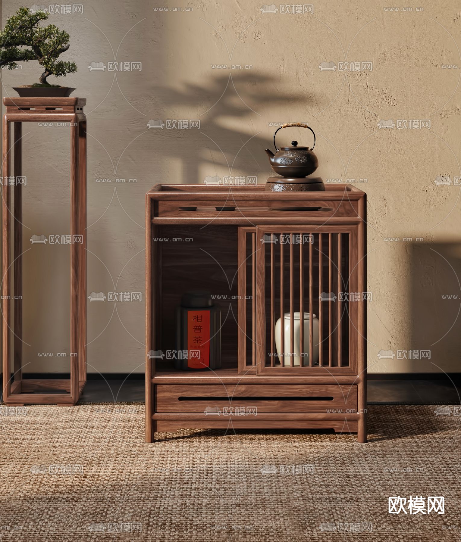 新中式边柜 茶水柜 备餐柜3d模型下载（渲染图4）