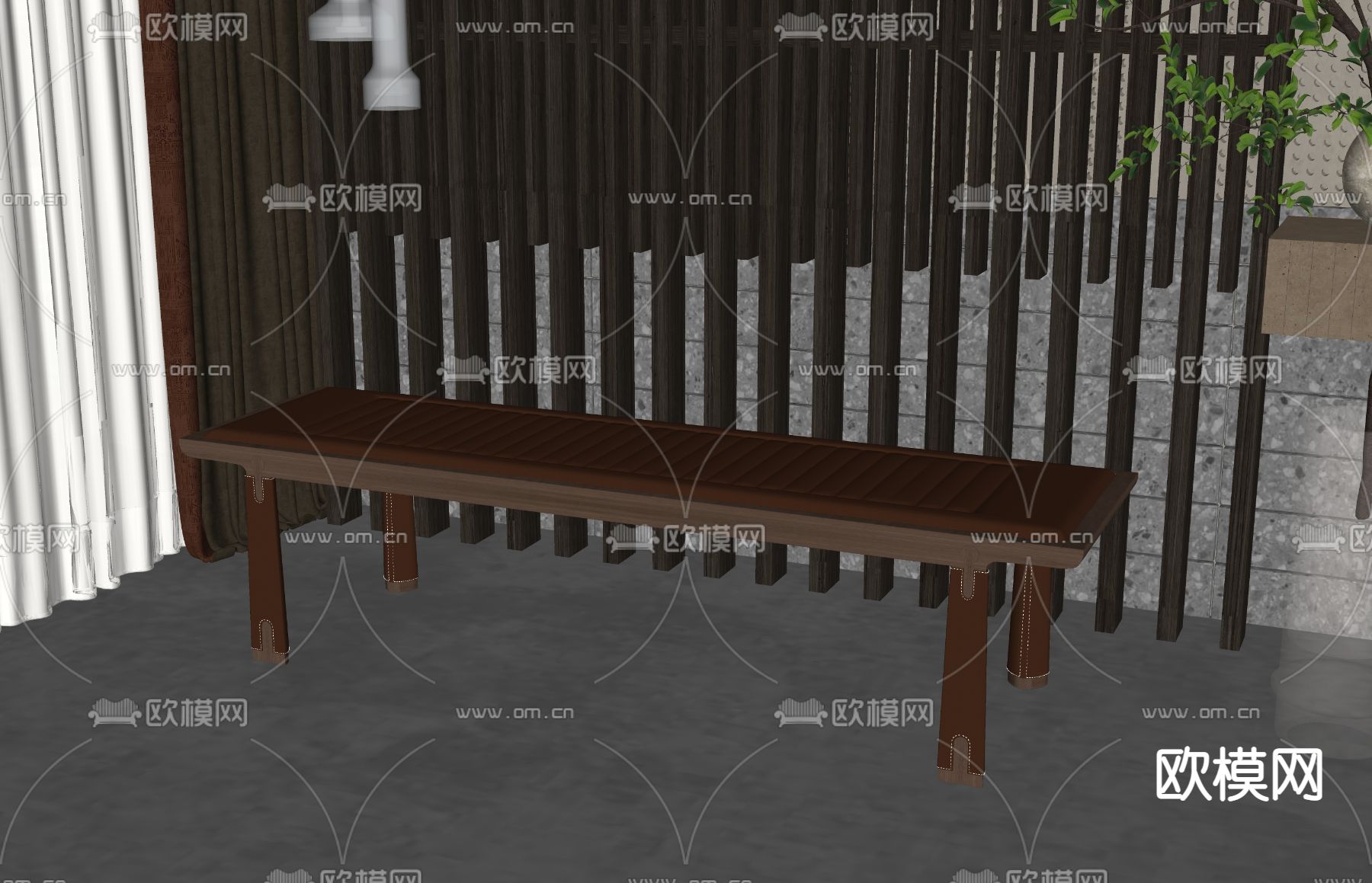 新中式长凳su模型下载（渲染图2）