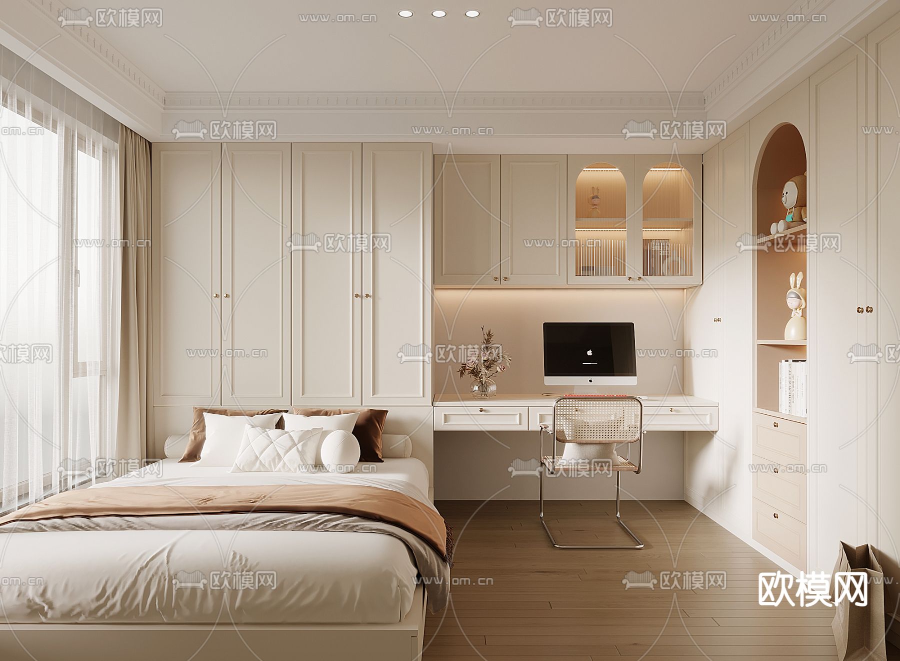 奶油风榻榻米卧室su模型下载（渲染图1）
