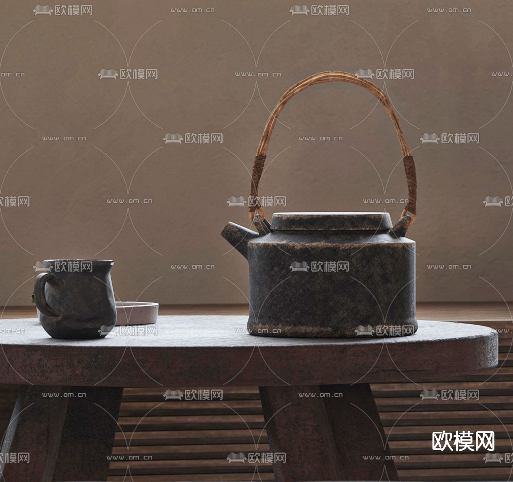 侘寂风茶具su模型下载（渲染图1）
