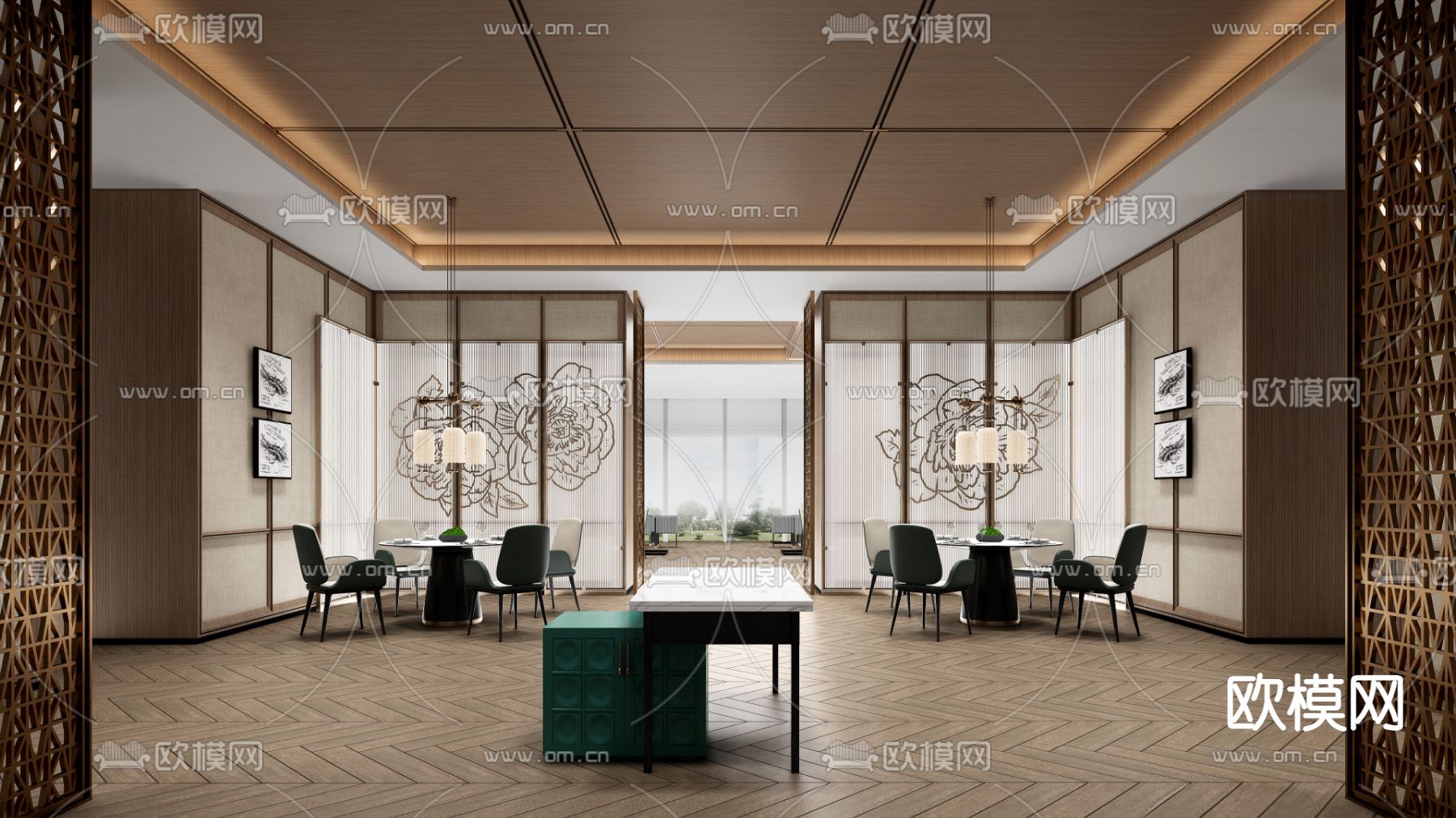 新中式餐厅包房su模型下载（渲染图1）