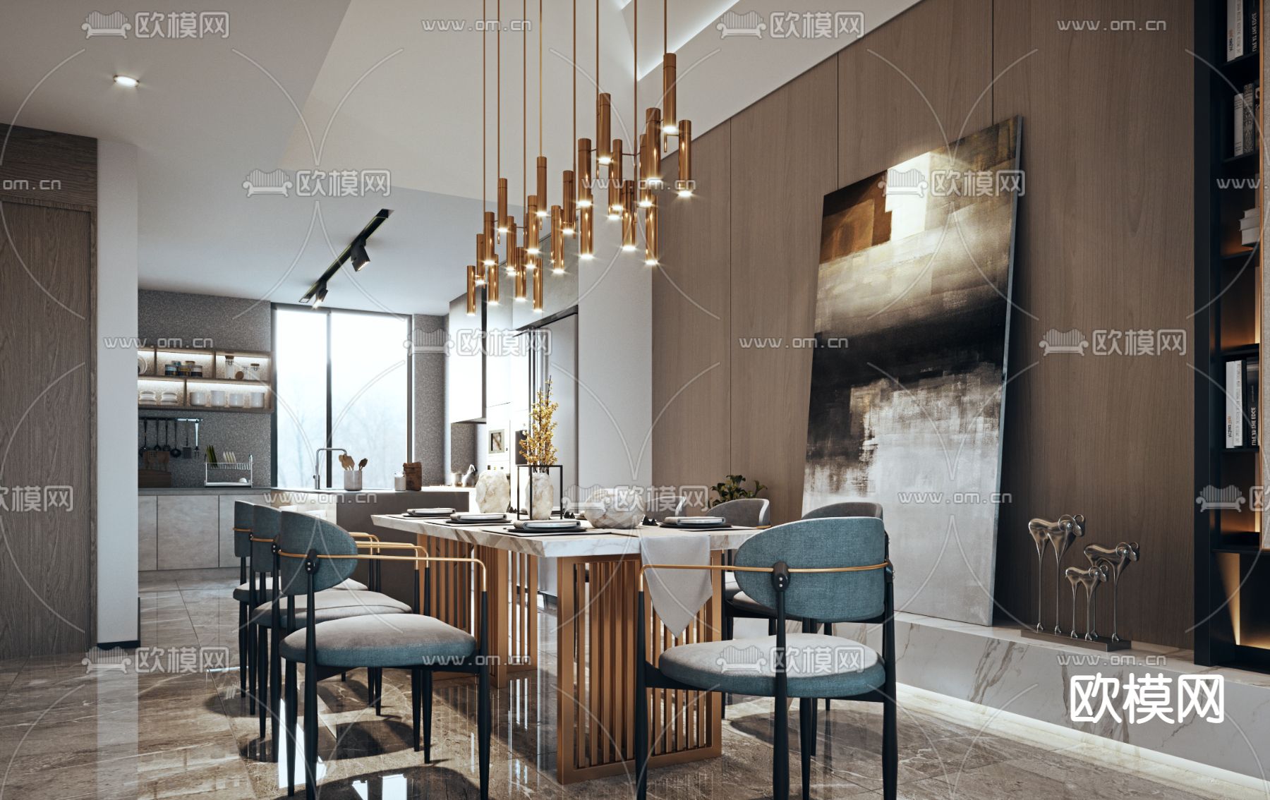 现代客厅 餐厅3d模型下载（渲染图2）