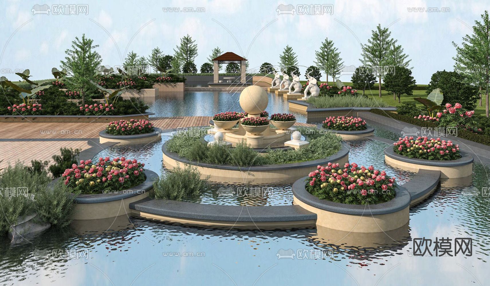 庭院水池 花园景观3d模型下载_ID14064008_3dmax免费模型-欧模网