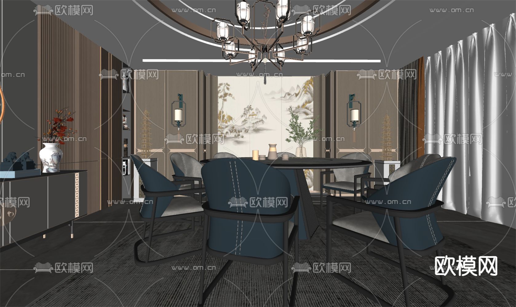 新中式餐厅包房su模型下载（渲染图2）