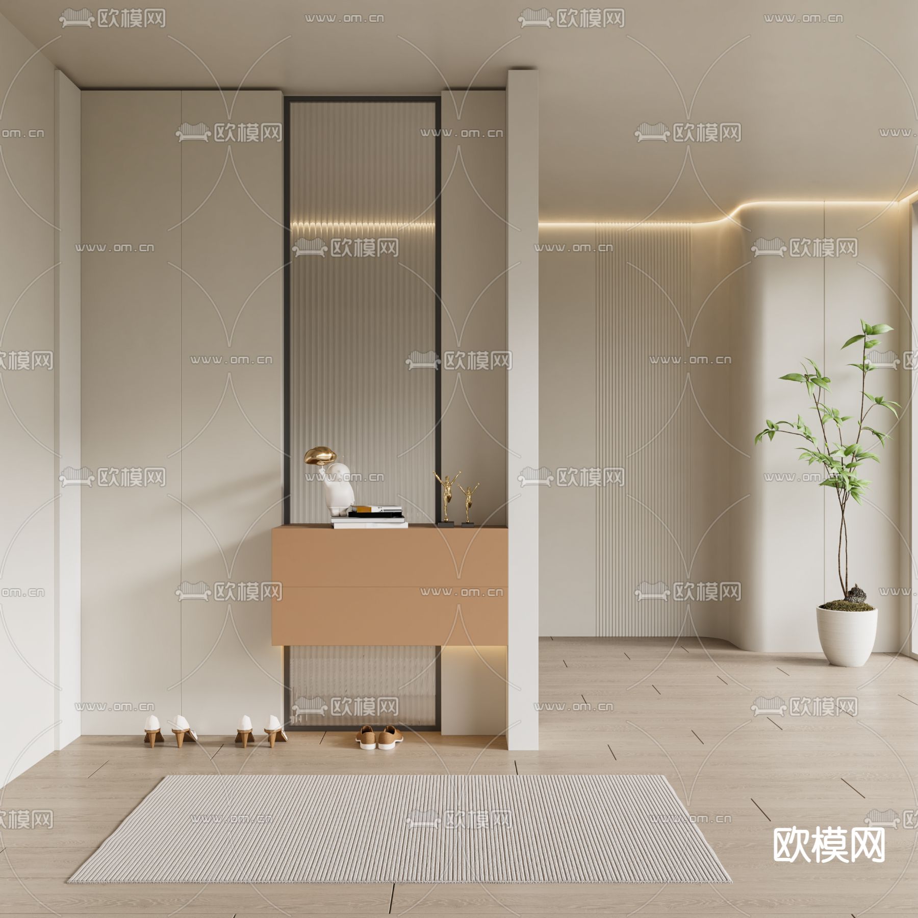奶油风门厅 玄关过道3d模型下载_ID14065961_3dmax免费模型-欧模网