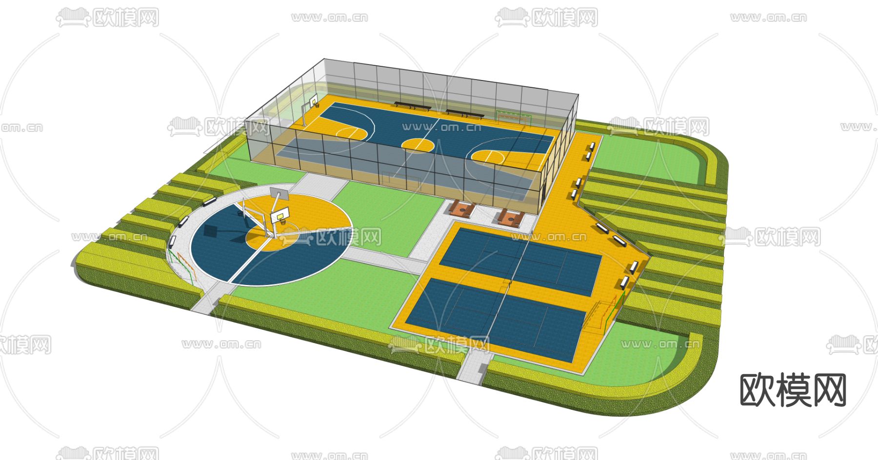 现代运动场 篮球场 羽毛球场su模型下载（渲染图2）
