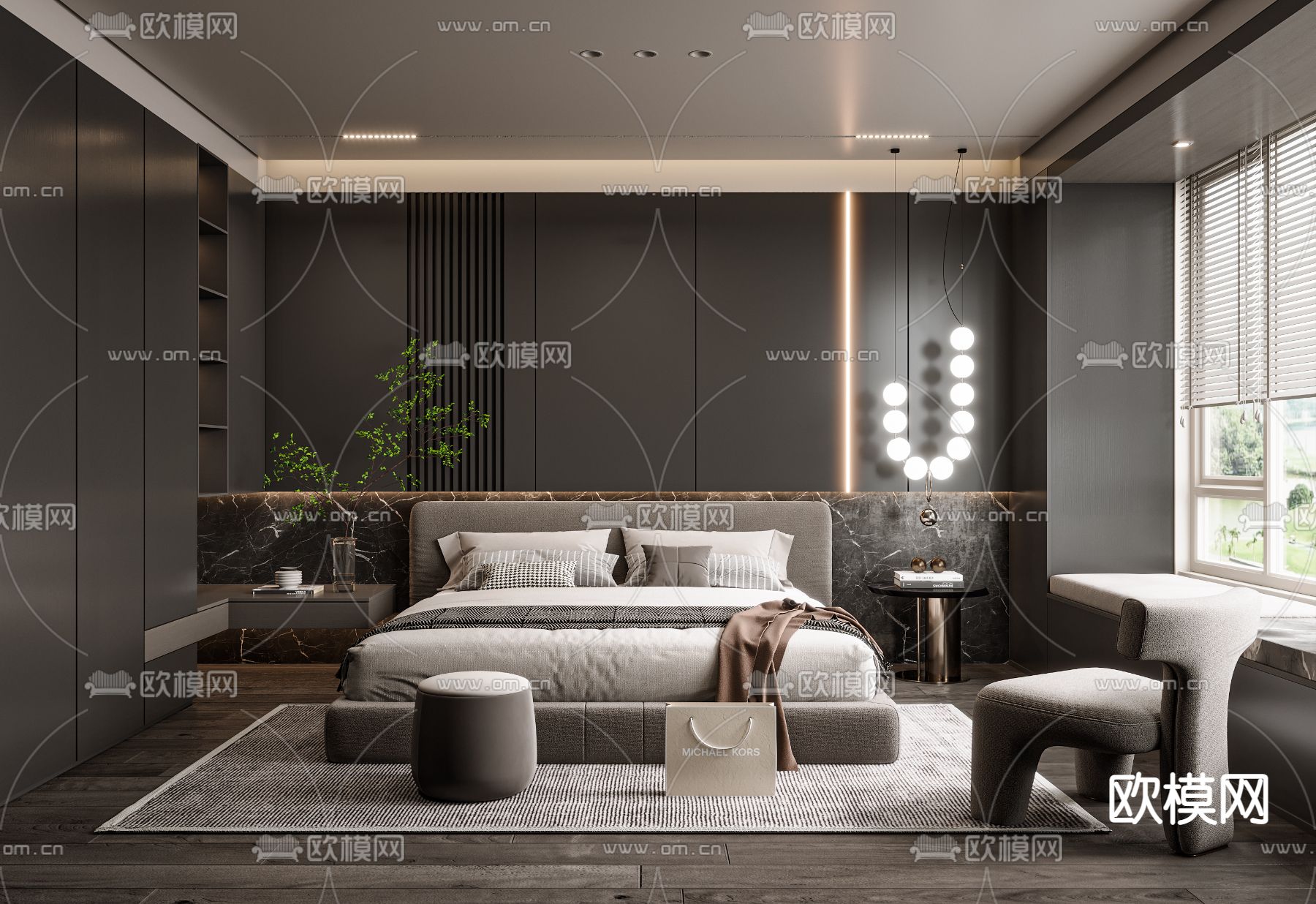 暗黑风卧室 主卧3d模型下载（渲染图1）