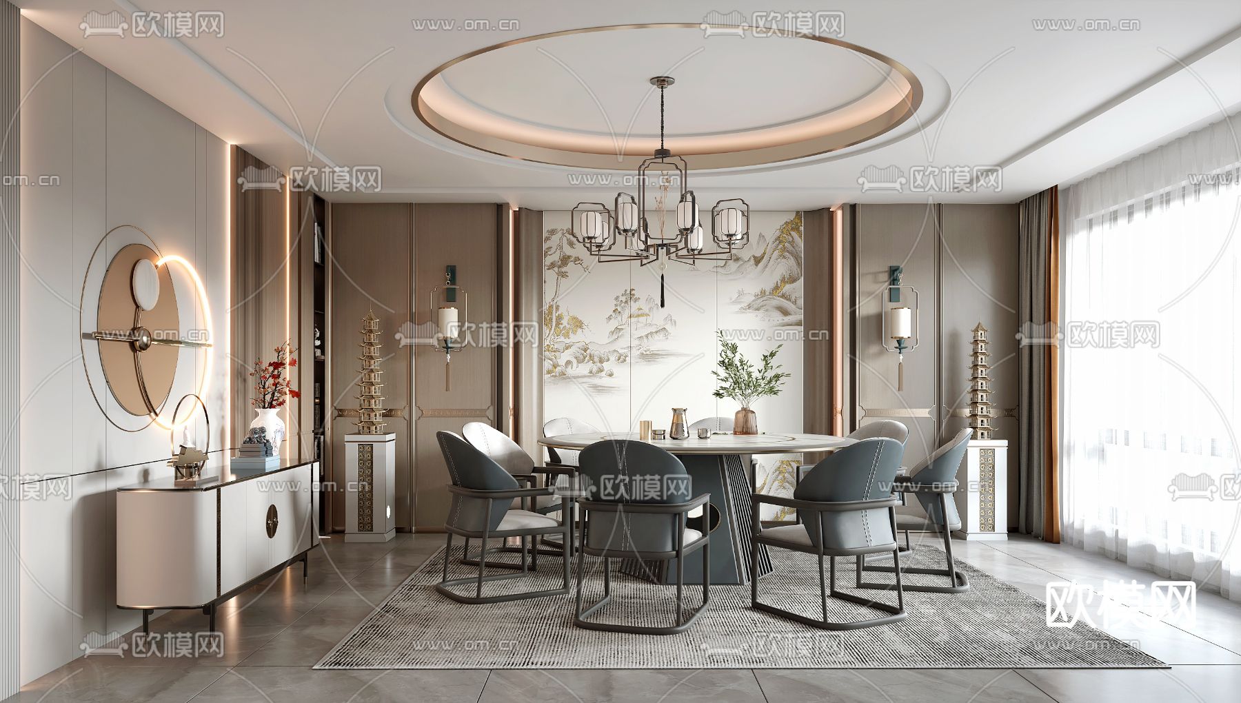 新中式餐厅包房su模型下载（渲染图1）