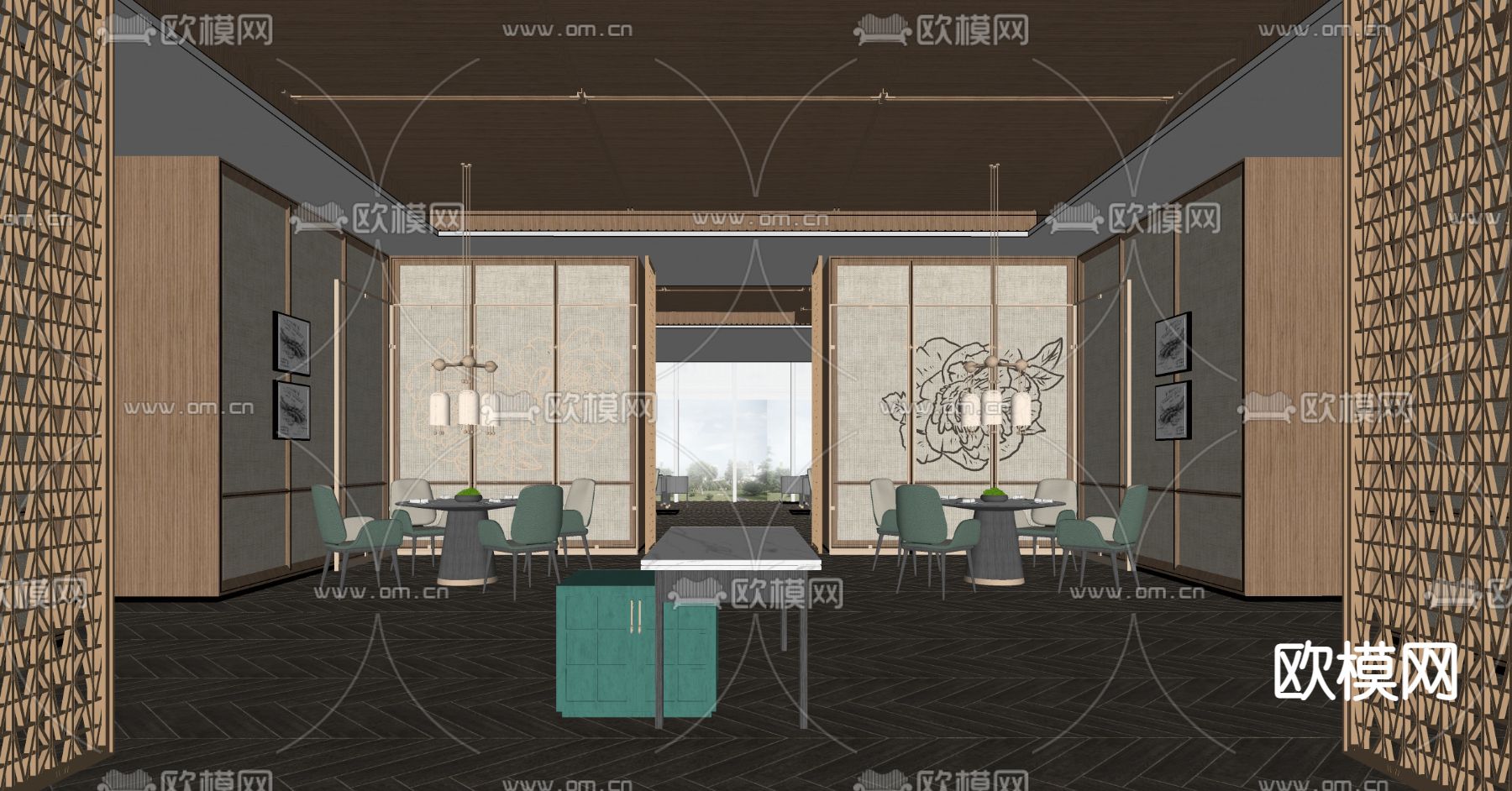 新中式餐厅包房su模型下载（渲染图2）