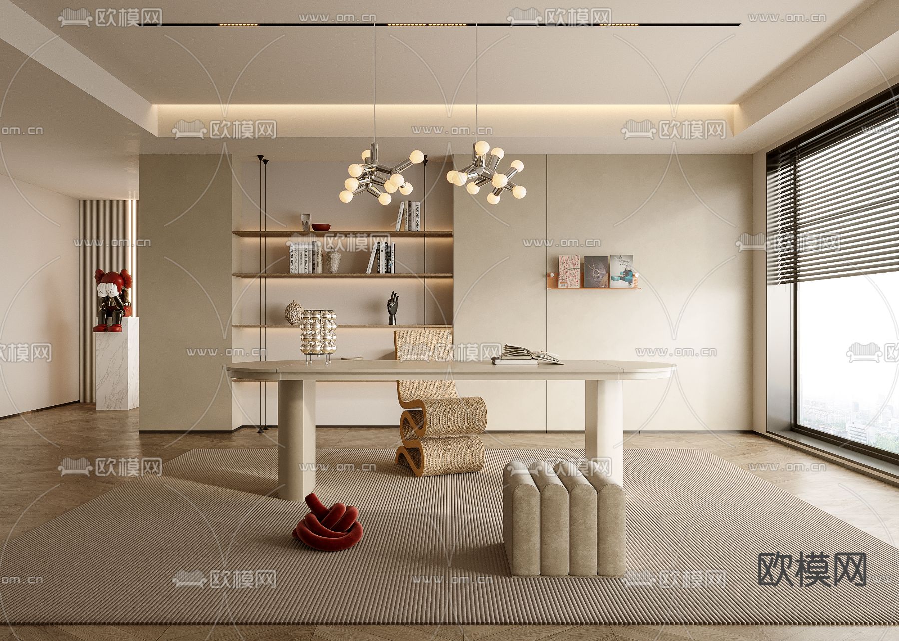 奶油风书房3d模型下载_ID14064845_3dmax免费模型-欧模网
