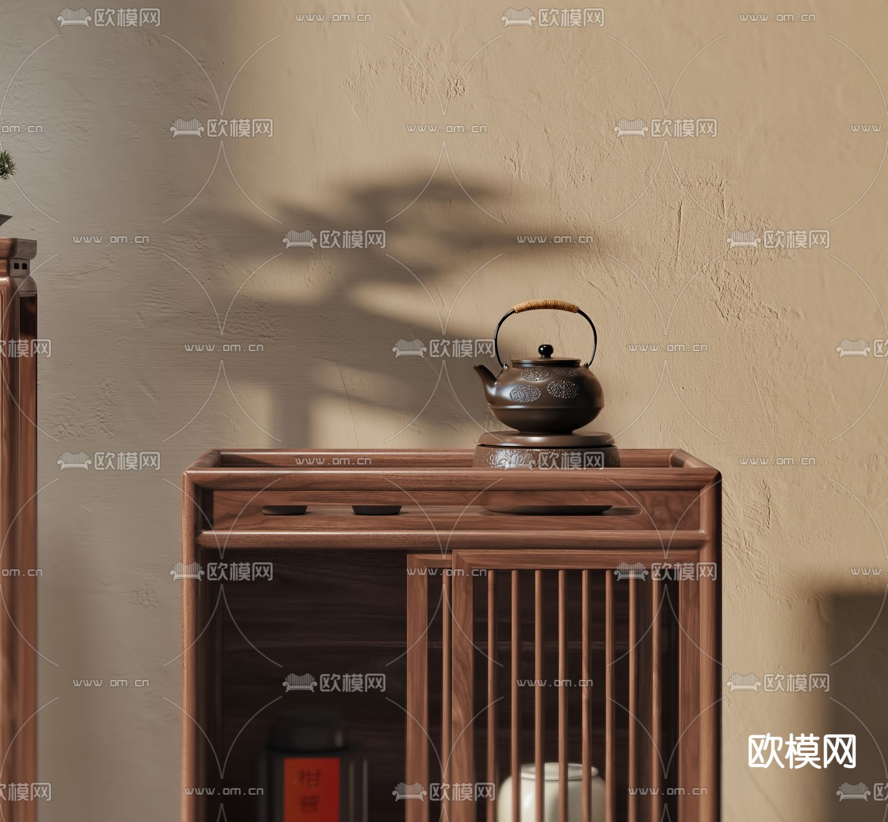 新中式边柜 茶水柜 备餐柜3d模型下载（渲染图2）