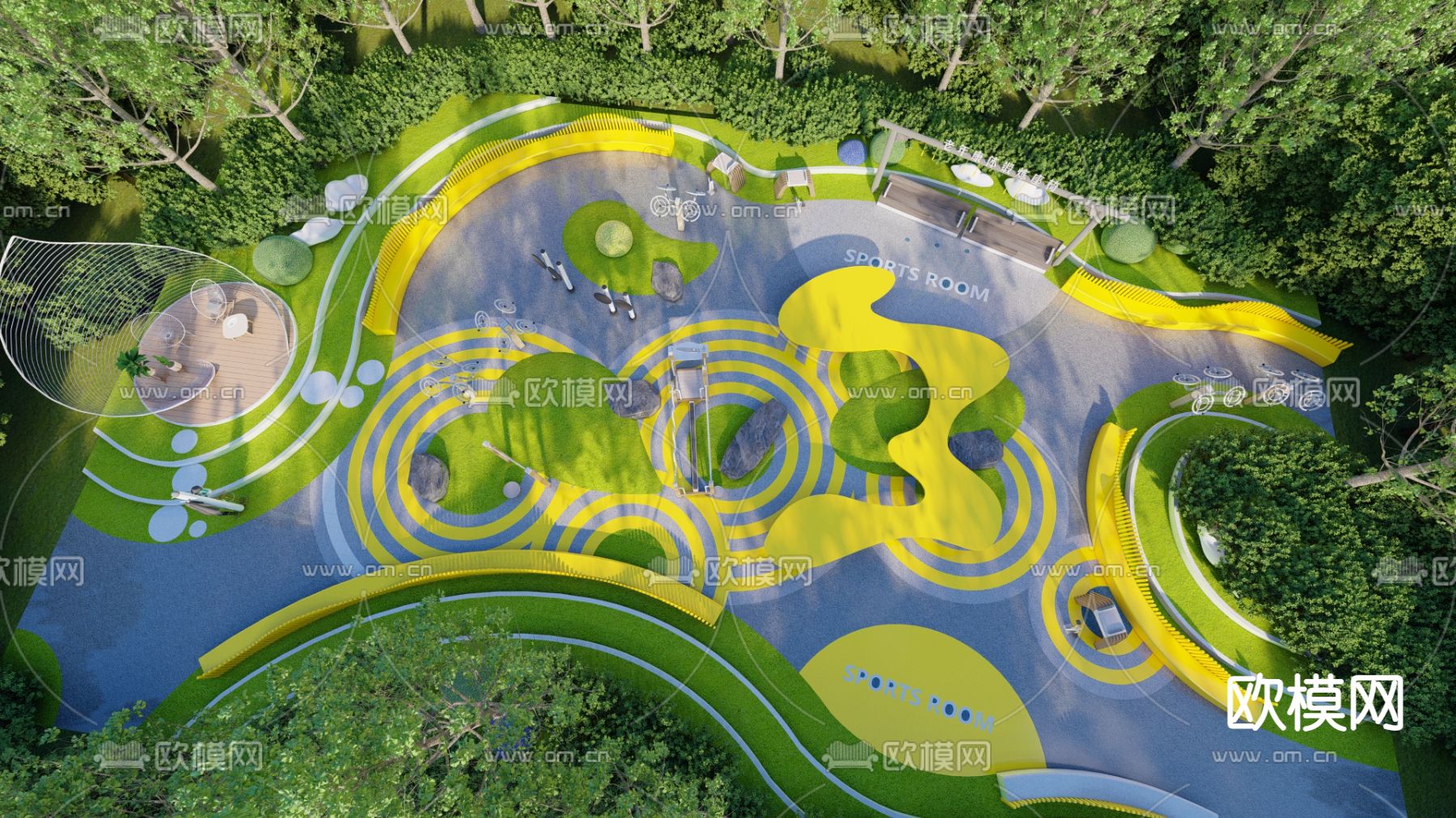 现代老年活动广场su模型下载（渲染图1）