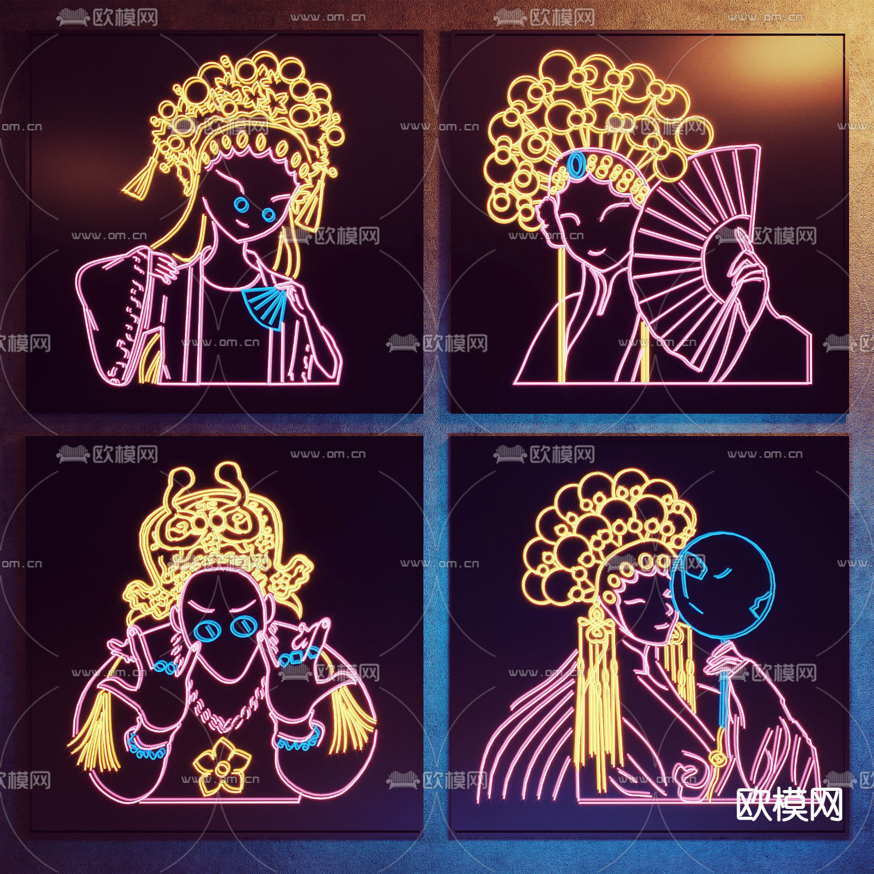 新中式国潮京剧霓虹灯su模型下载（渲染图1）