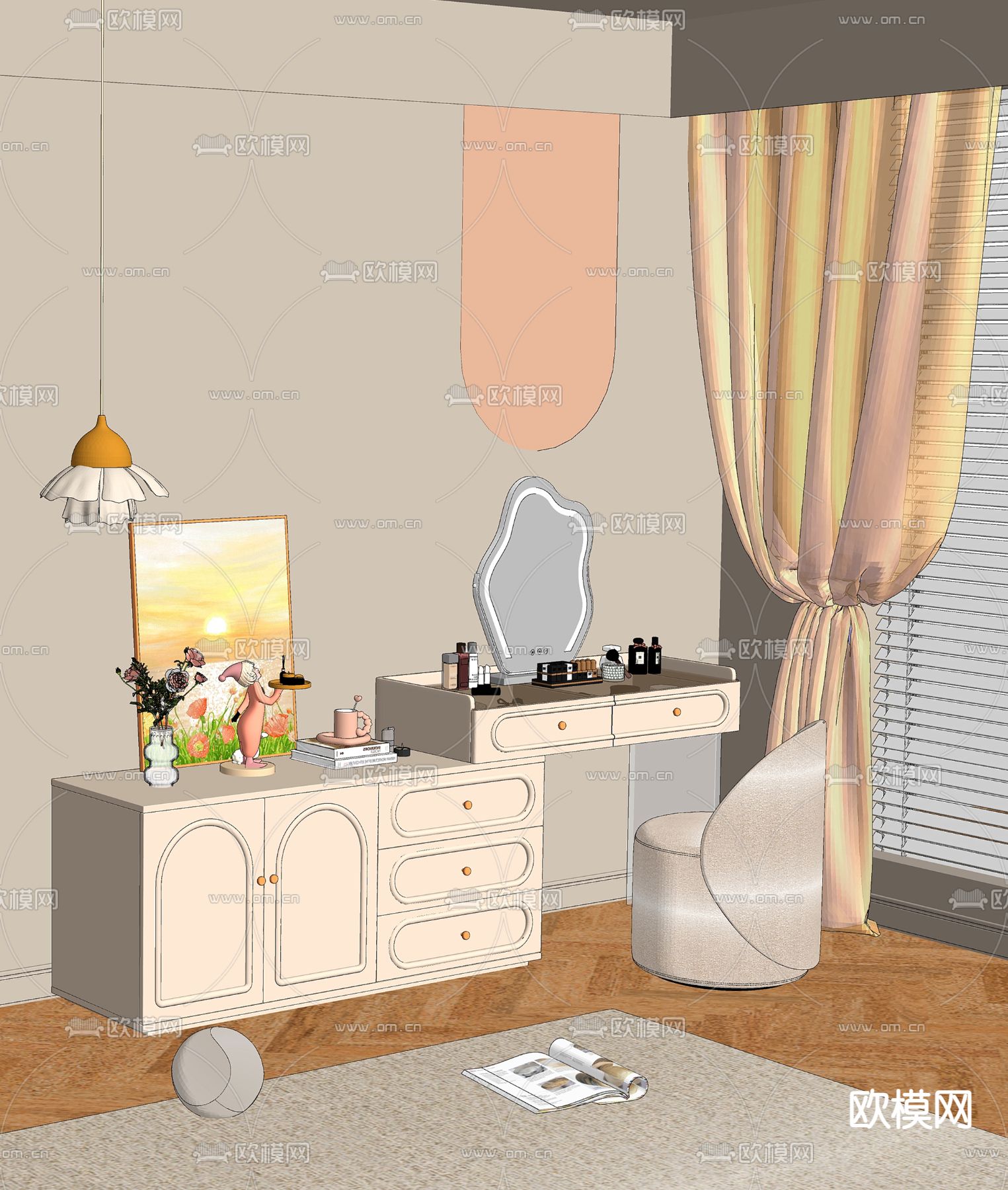 奶油风梳妆台su模型下载（渲染图2）