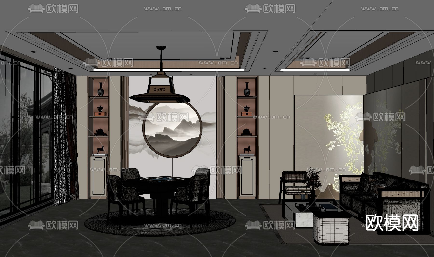 新中式棋牌室su模型下载（渲染图2）
