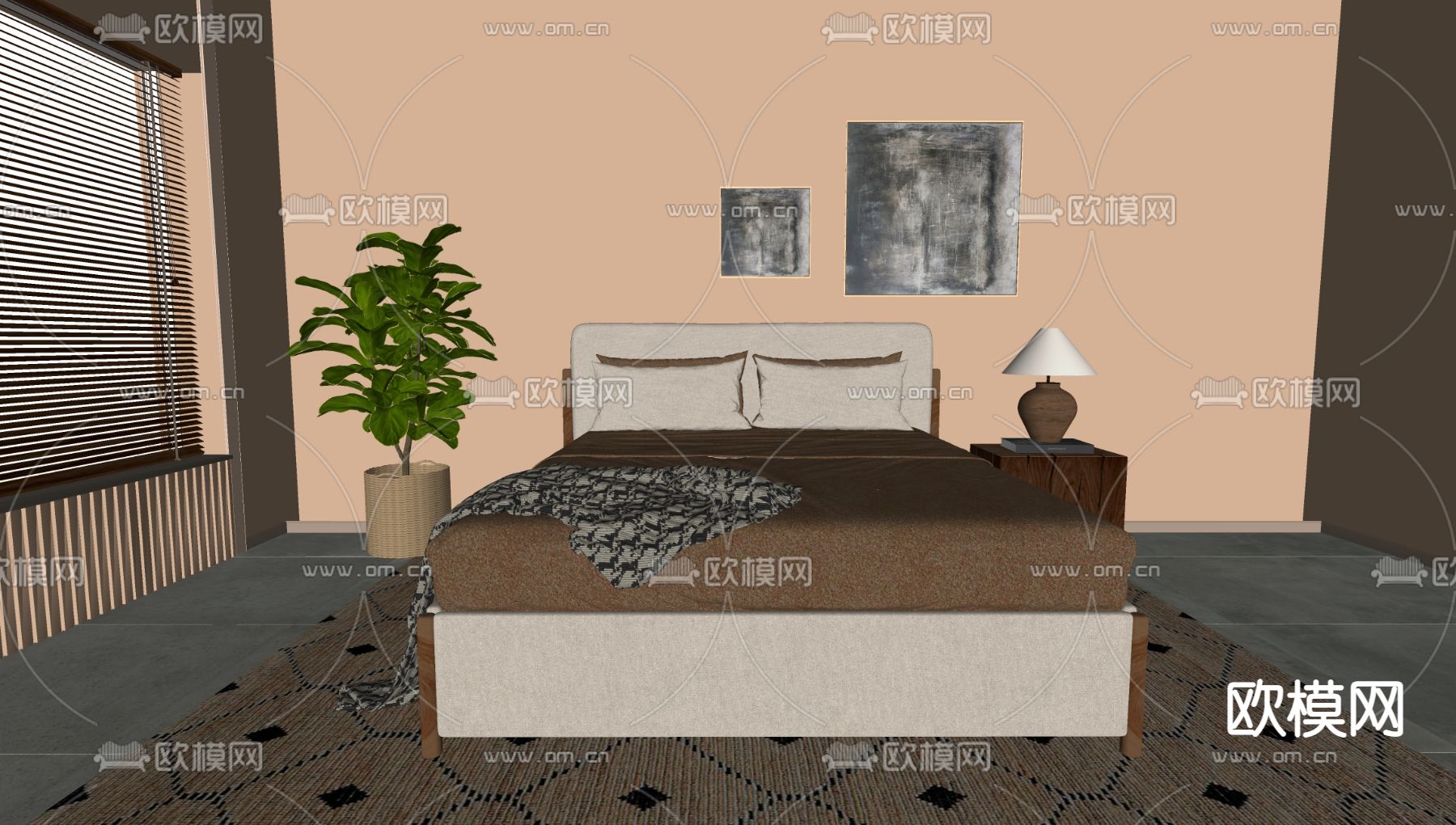 现代双人床su模型下载（渲染图2）
