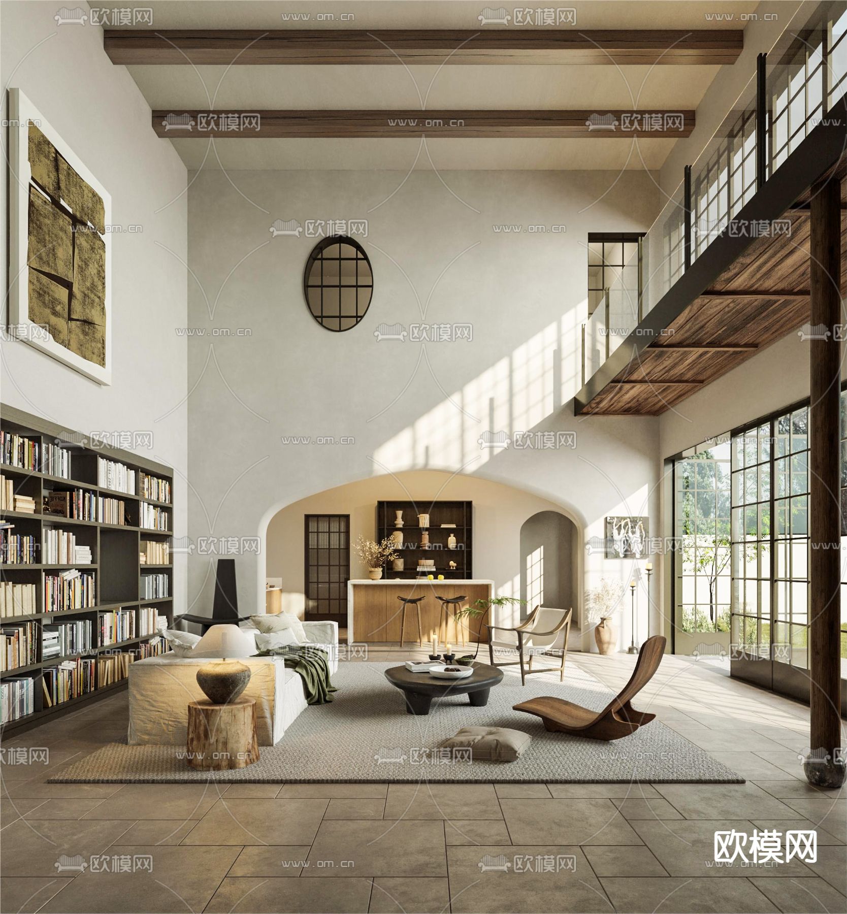侘寂别墅客厅3d模型下载（渲染图1）