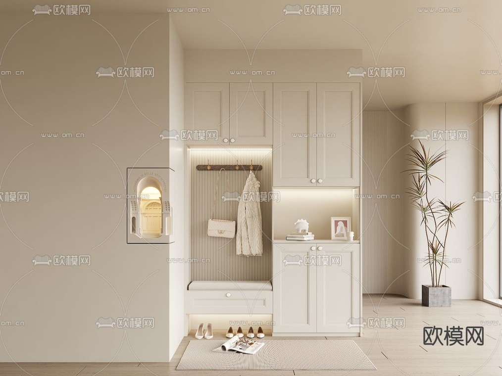 奶油风门厅 玄关过道3d模型下载_ID14065180_3dmax免费模型-欧模网
