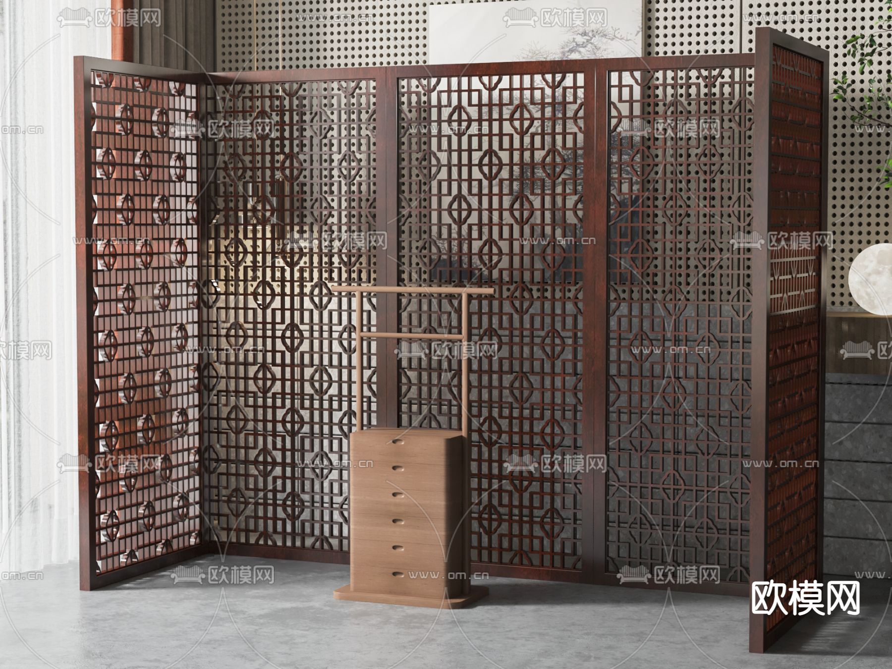 新中式隔断屏风su模型下载（渲染图1）
