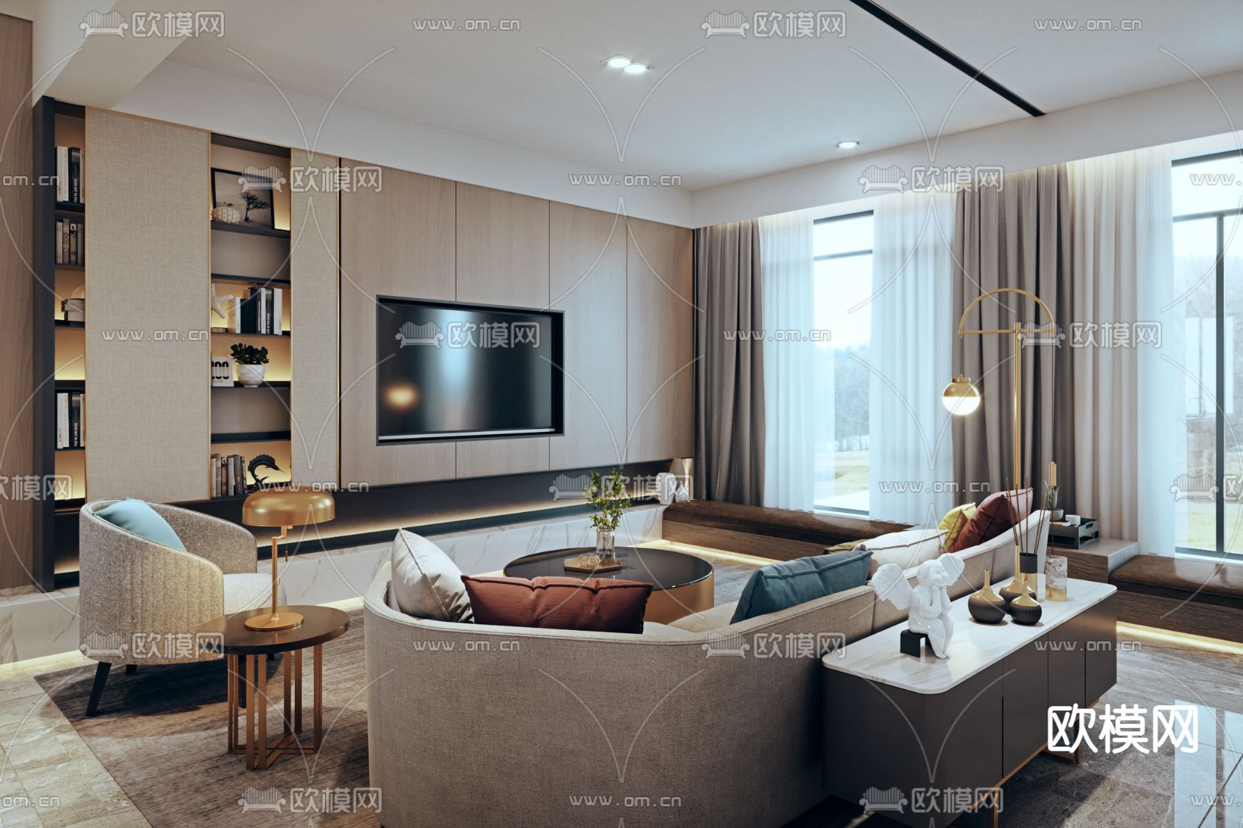 现代客厅 餐厅3d模型下载（渲染图1）