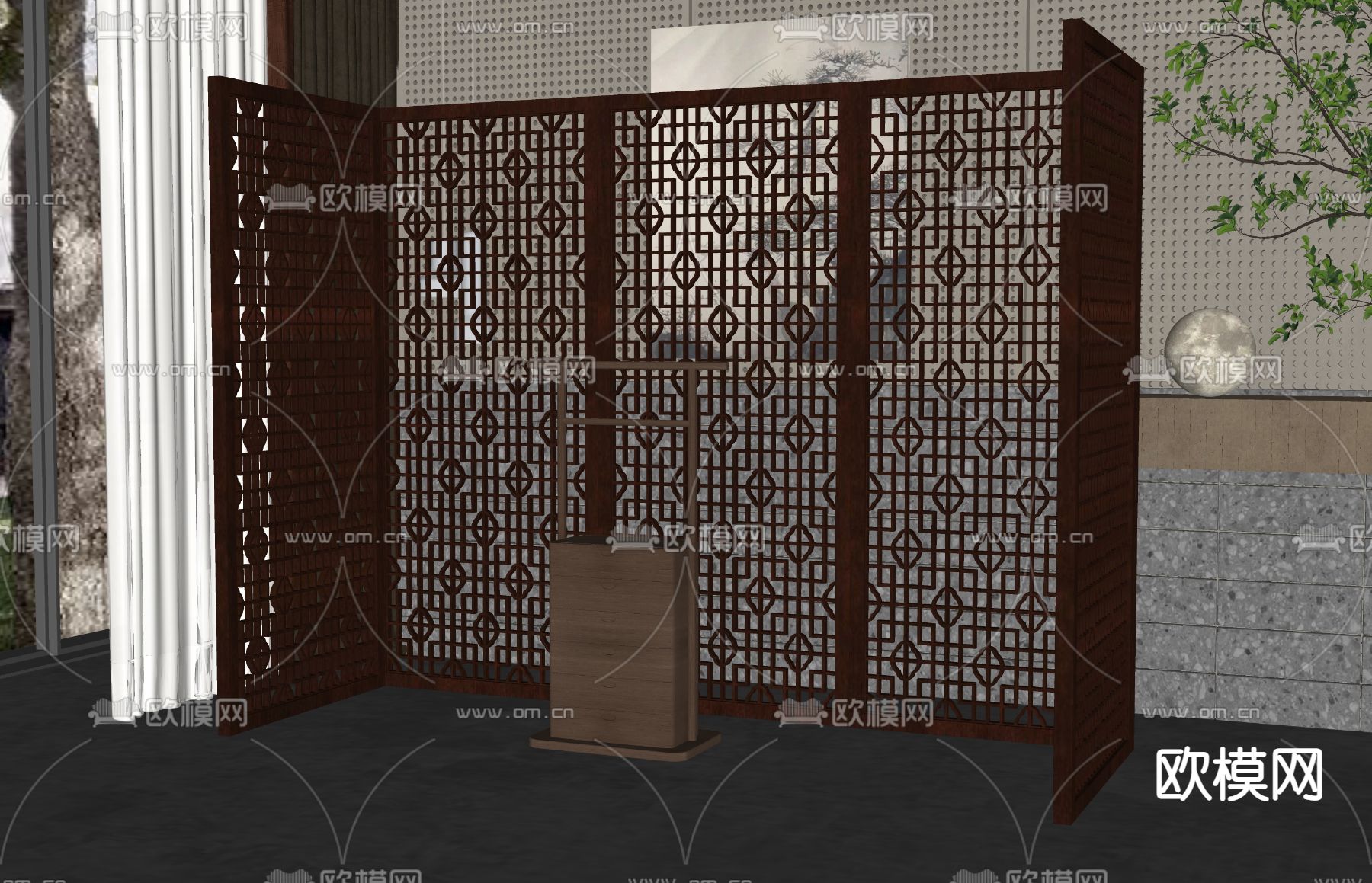 新中式隔断屏风su模型下载（渲染图2）