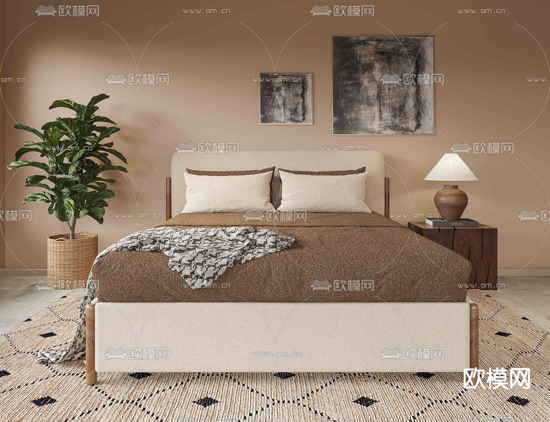 现代双人床su模型下载（渲染图1）
