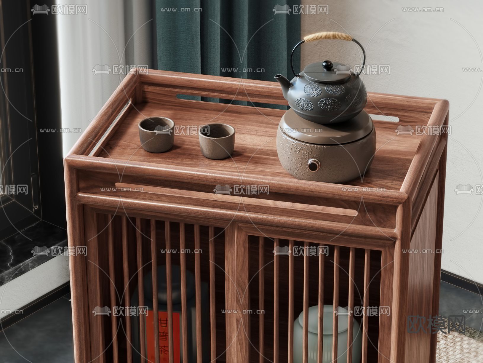 新中式边柜 茶水柜 备餐柜3d模型下载（渲染图7）