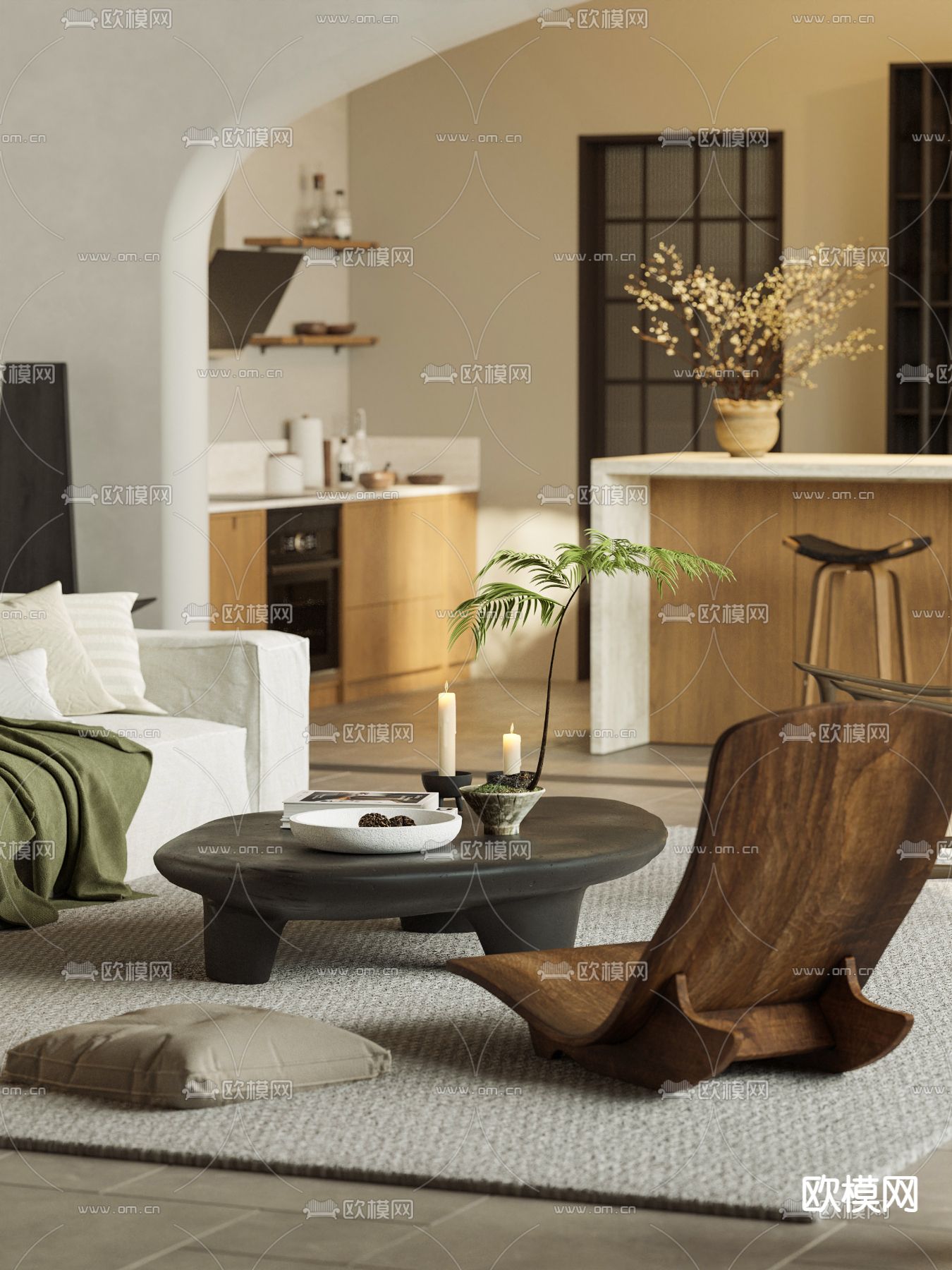 侘寂别墅客厅3d模型下载（渲染图2）