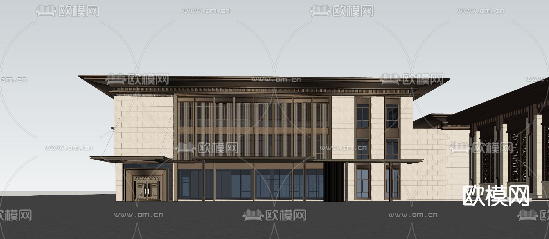 新中式酒店建筑su模型下载（渲染图2）