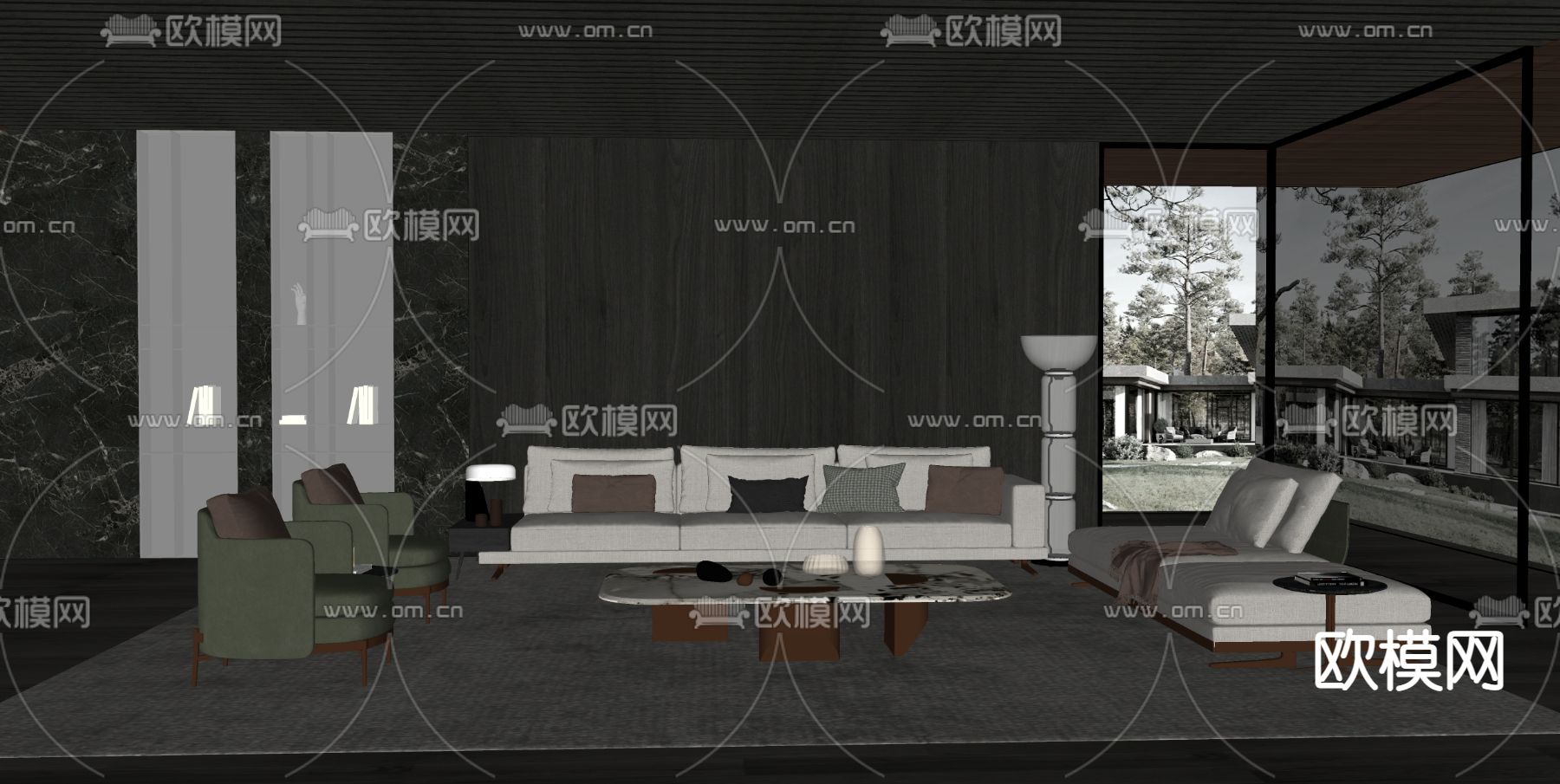 高级灰客厅su模型下载（渲染图2）