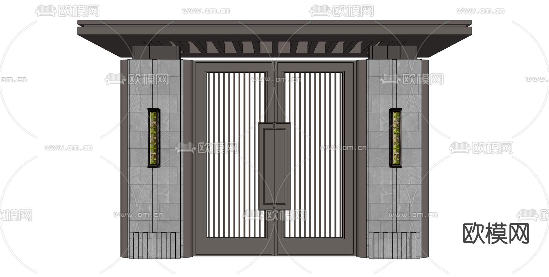 新中式庭院大门 庭院门su模型下载（渲染图2）