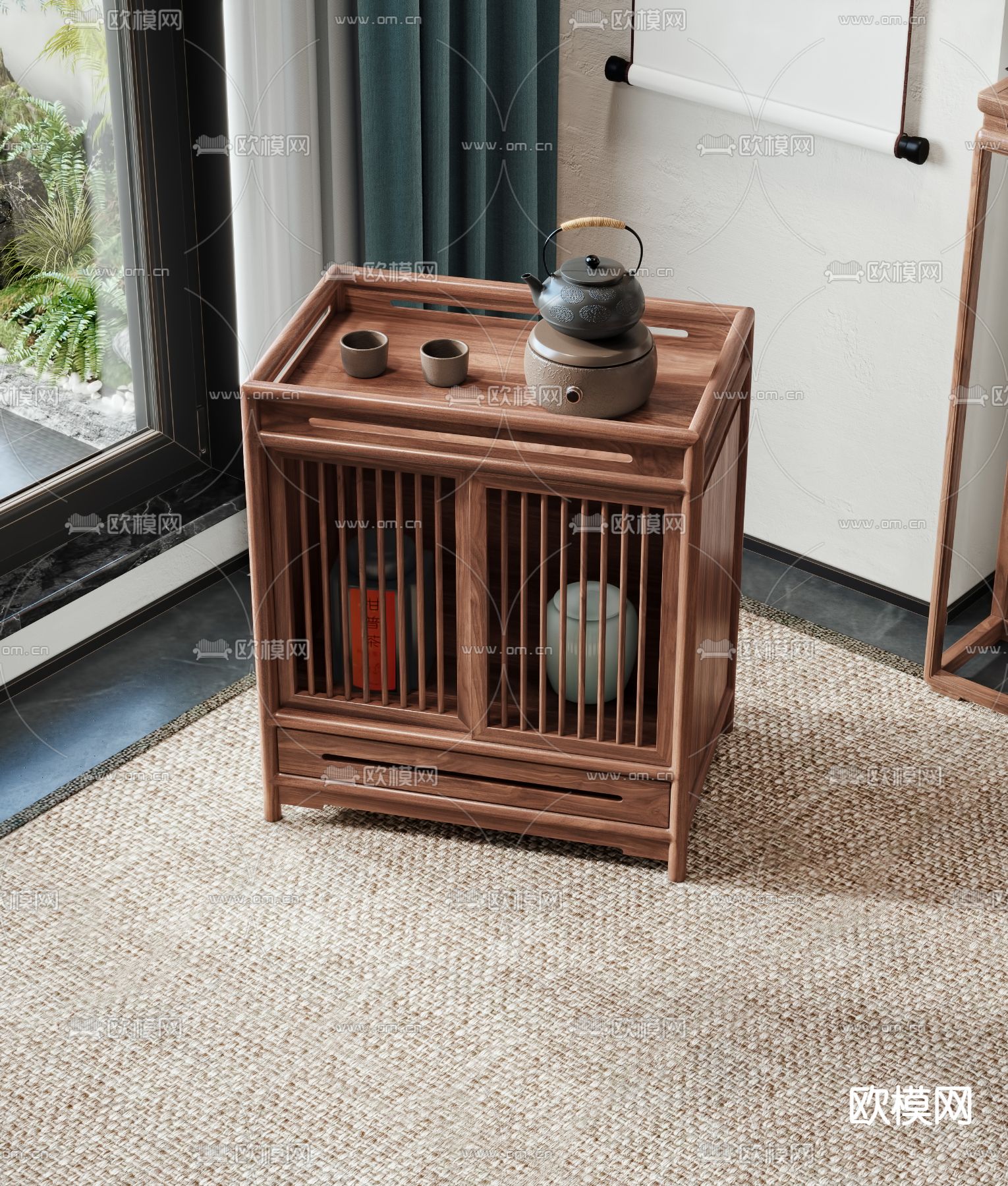 新中式边柜 茶水柜 备餐柜3d模型下载（渲染图3）
