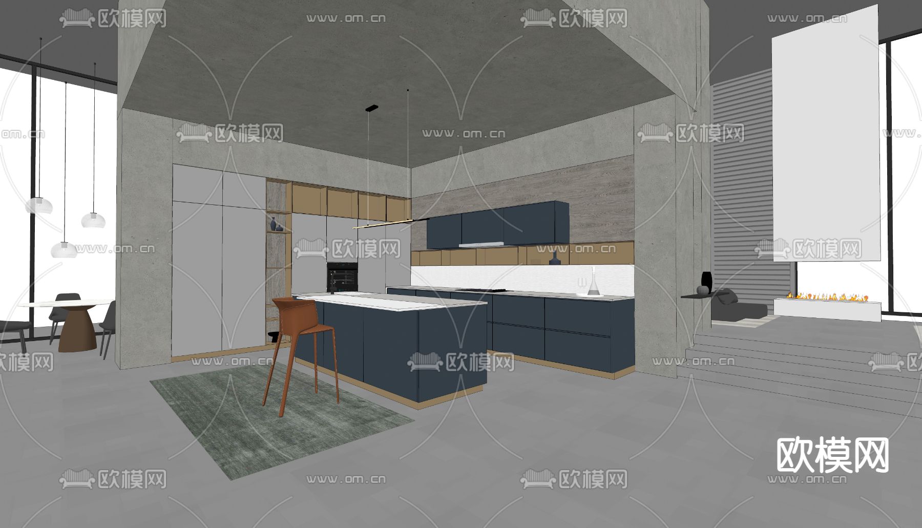 poliform 现代开放式厨房su模型下载（渲染图2）
