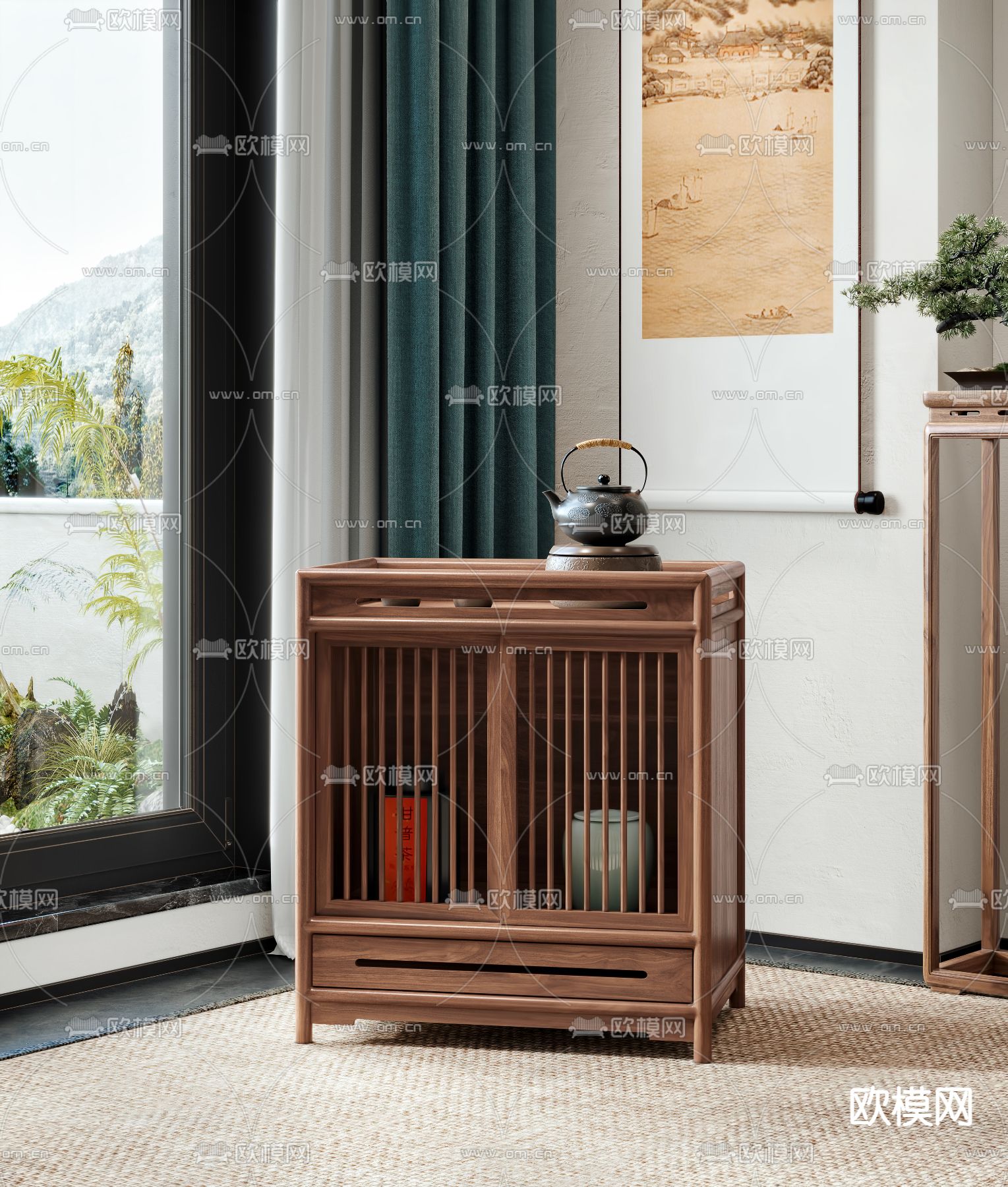 新中式边柜 茶水柜 备餐柜3d模型下载（渲染图1）