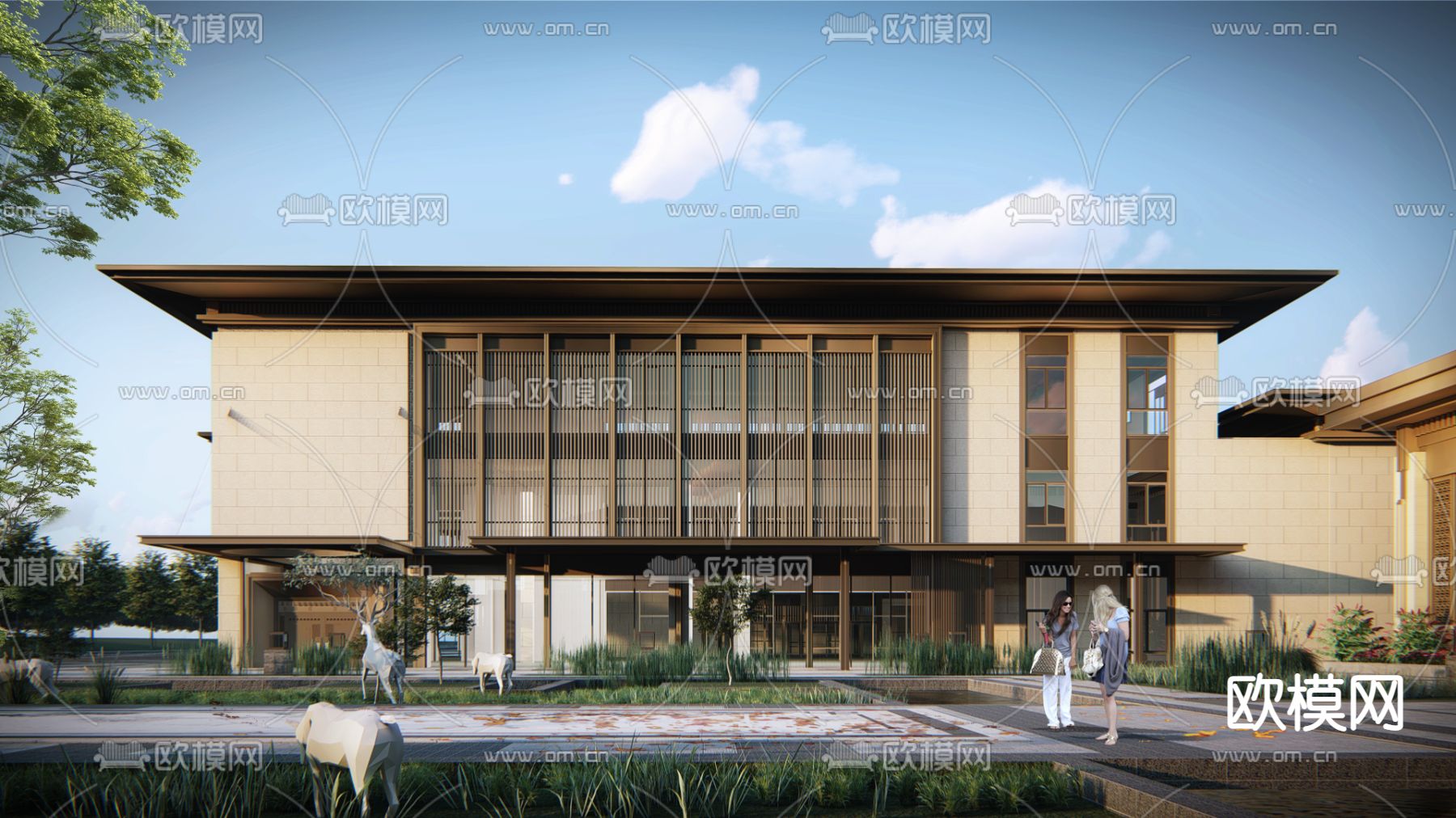 新中式酒店建筑su模型下载（渲染图1）