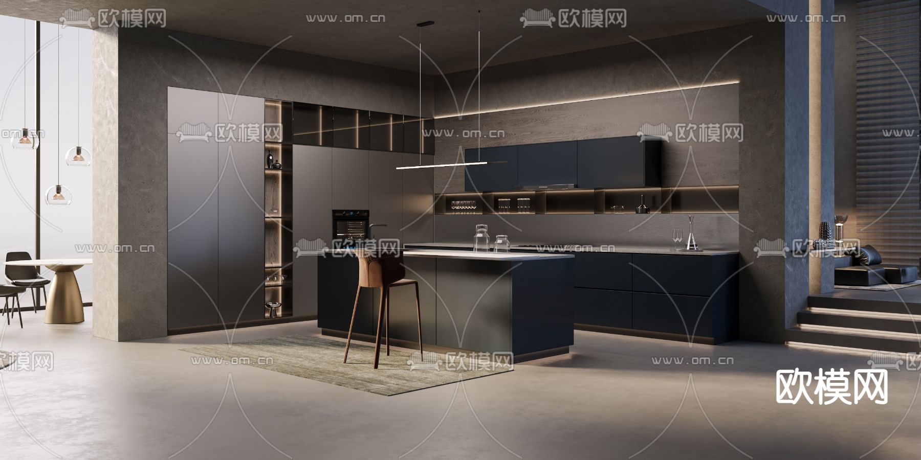 poliform 现代开放式厨房su模型下载（渲染图1）