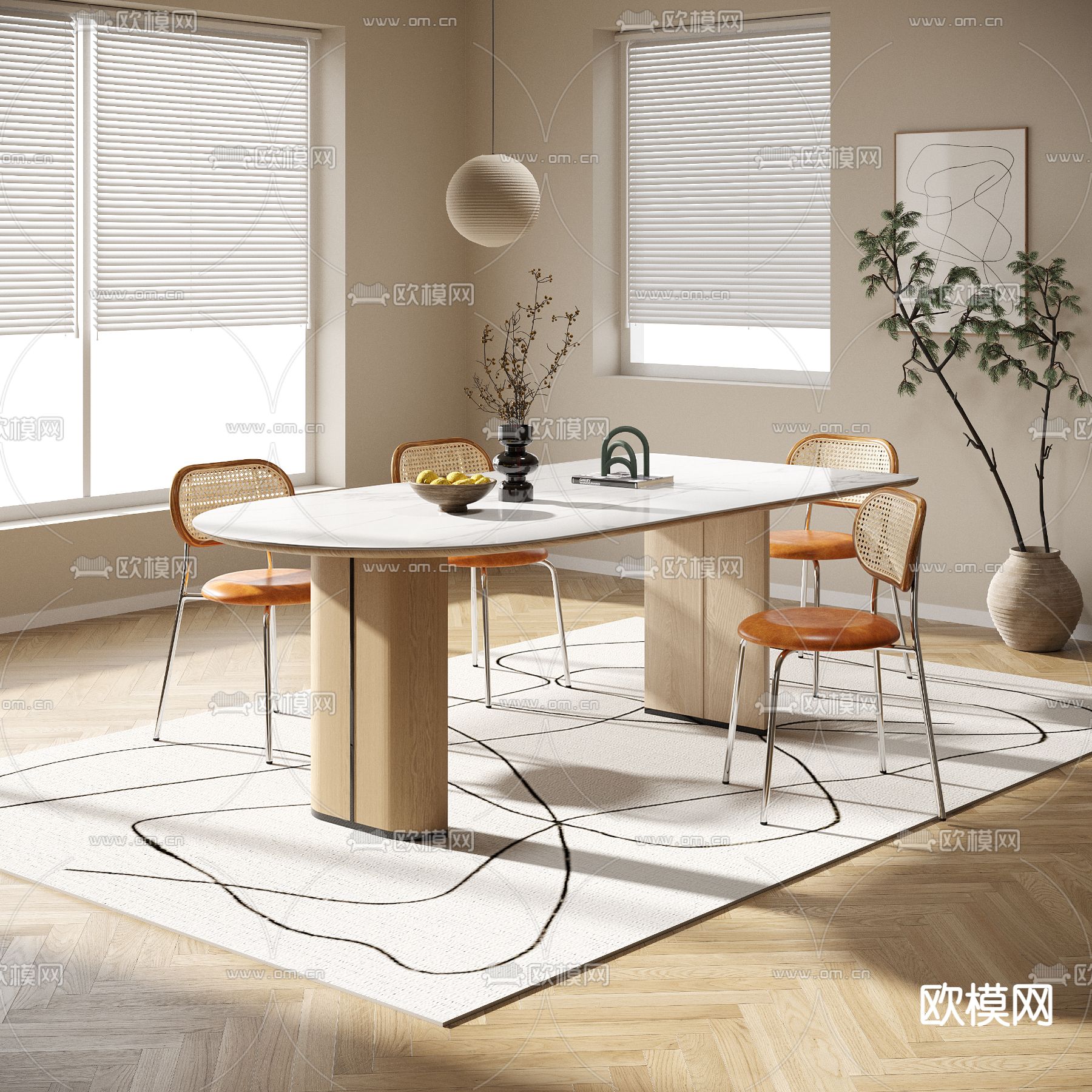 奶油风餐桌椅3d模型下载
