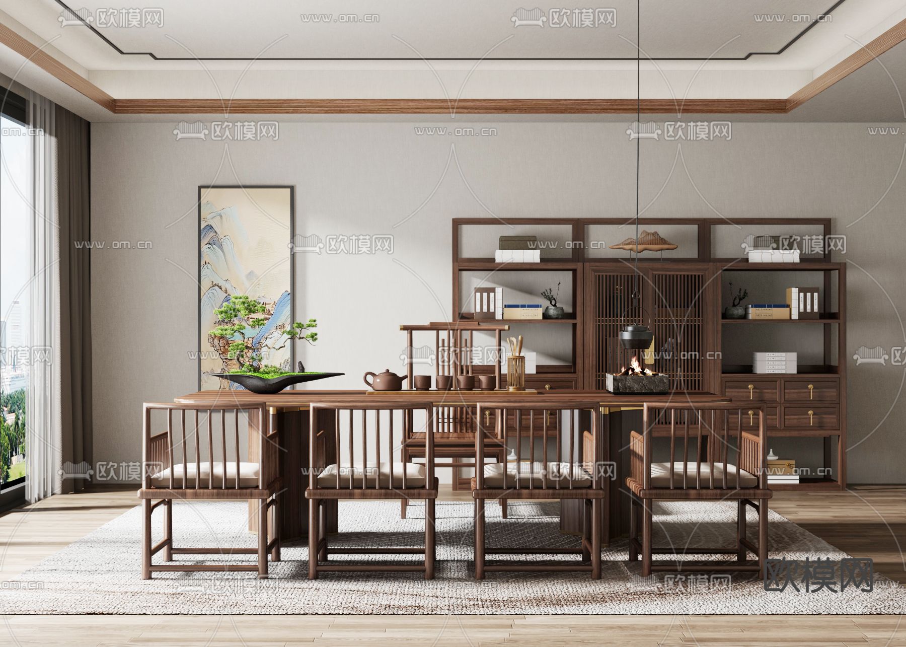 新中式茶桌 博古柜3d模型下载