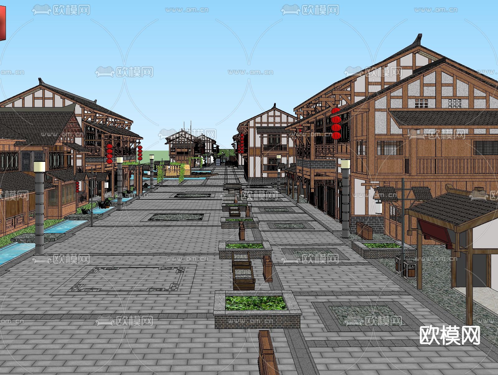 中式商业街su模型下载（渲染图1）