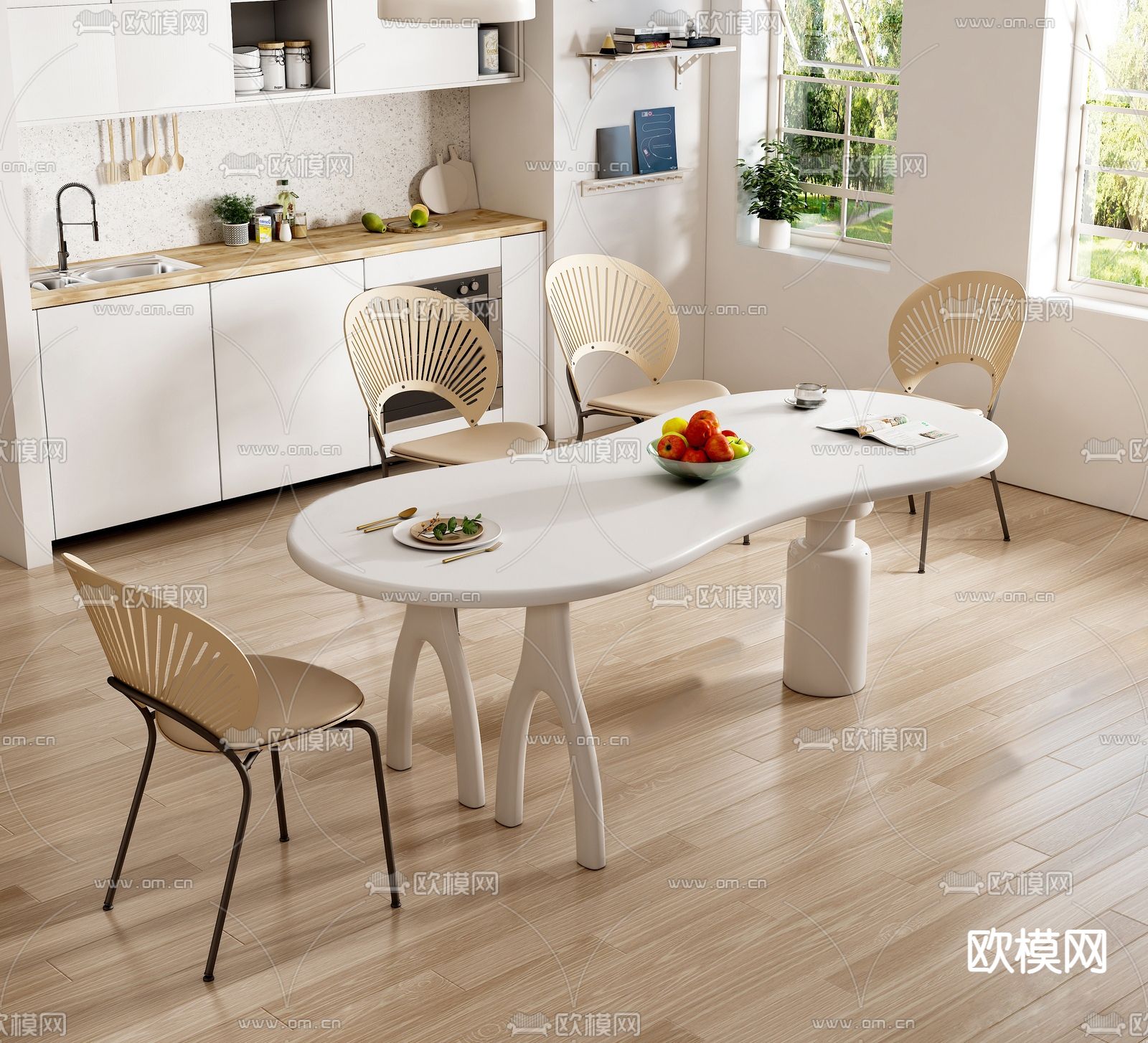 奶油风餐桌椅su模型下载（渲染图1）