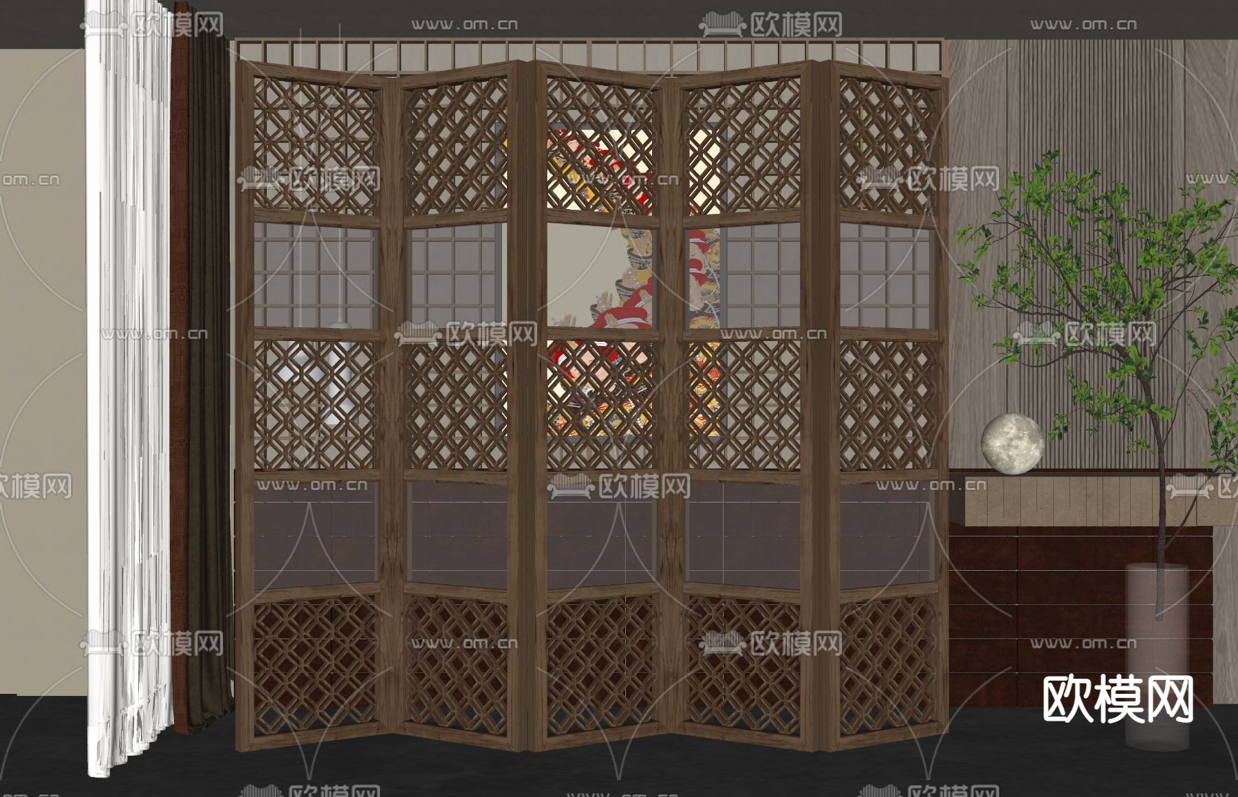 新中式屏风隔断su模型下载（渲染图2）