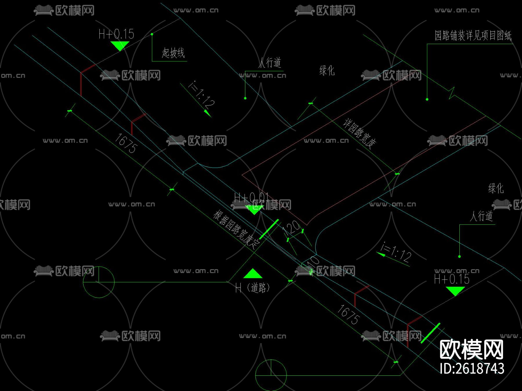 现代园路与沥青路残破道牙CAD施工图下载（渲染图2）