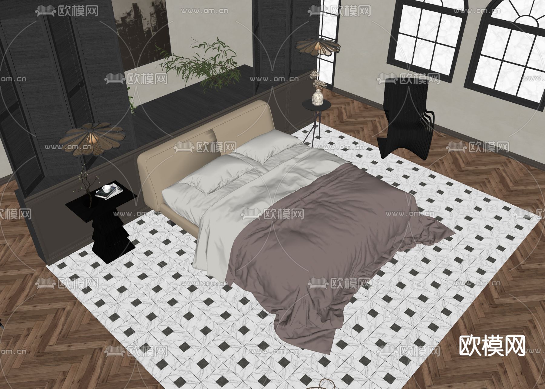 现代双人床su模型下载（渲染图2）