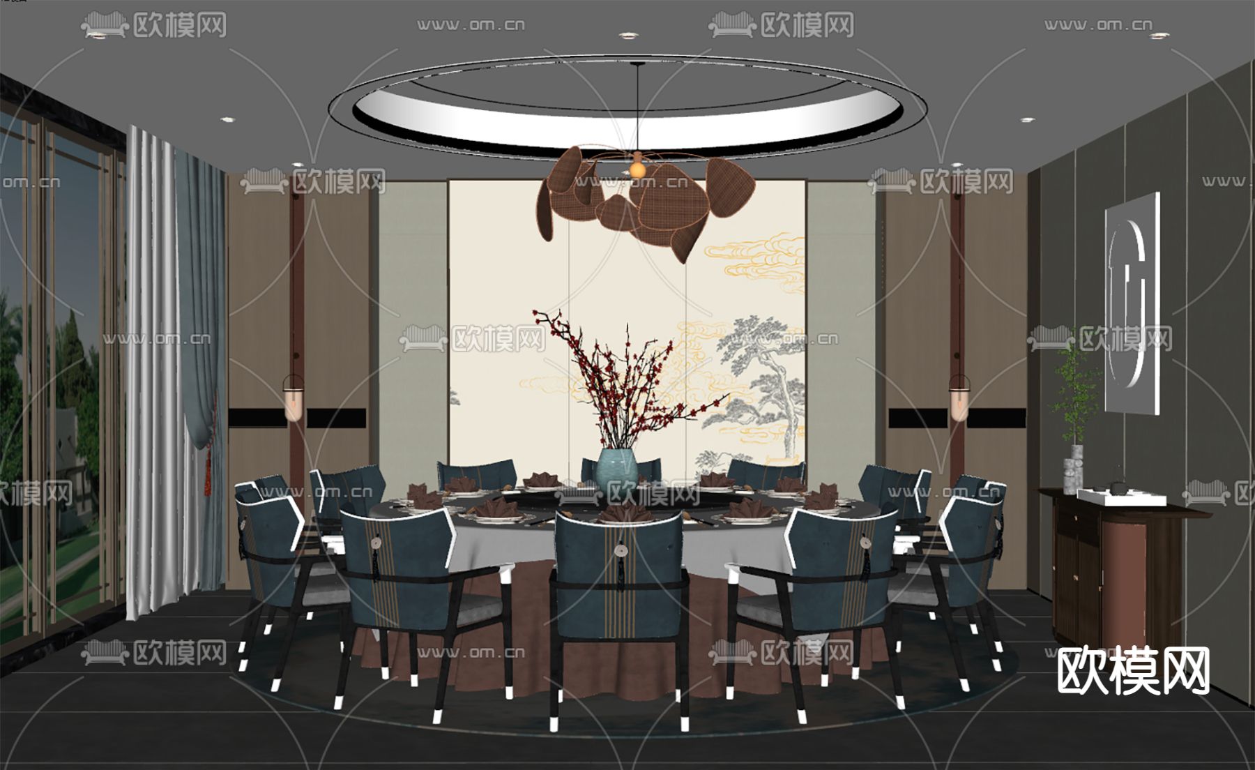新中式餐厅包厢su模型下载（渲染图2）