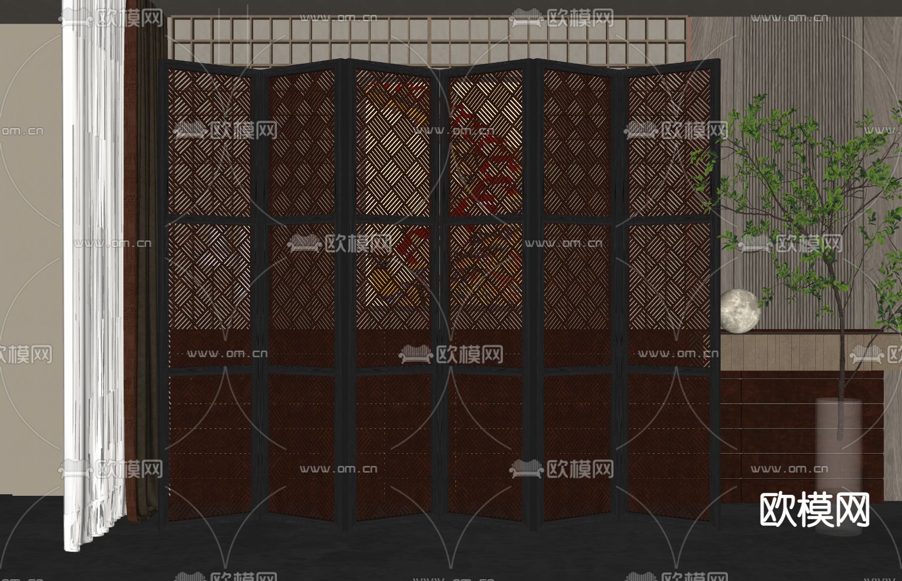 新中式屏风隔断su模型下载（渲染图2）